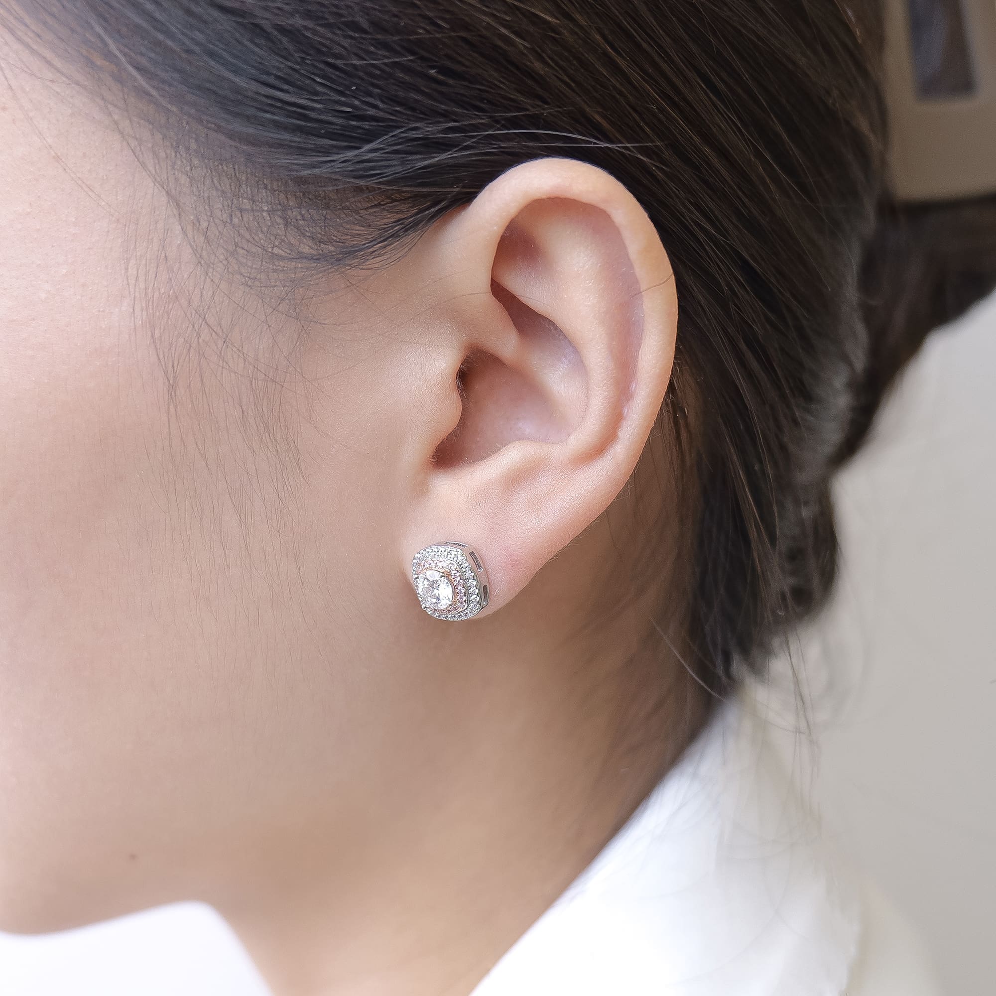 Pink Halo Moissanite Stud Earrings - 925 Silver with White Gold Plating, Art Deco Style - Image 2