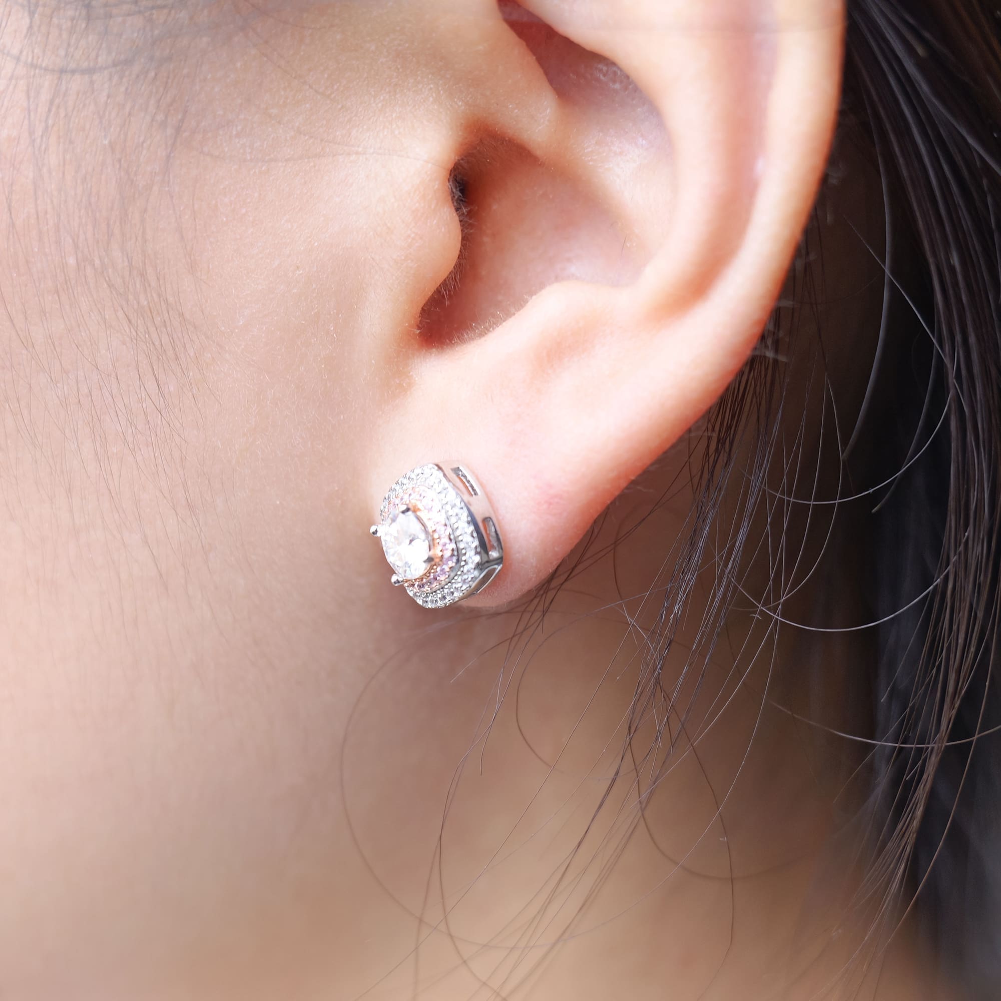 Pink Halo Moissanite Stud Earrings - 925 Silver with White Gold Plating, Art Deco Style - Image 3
