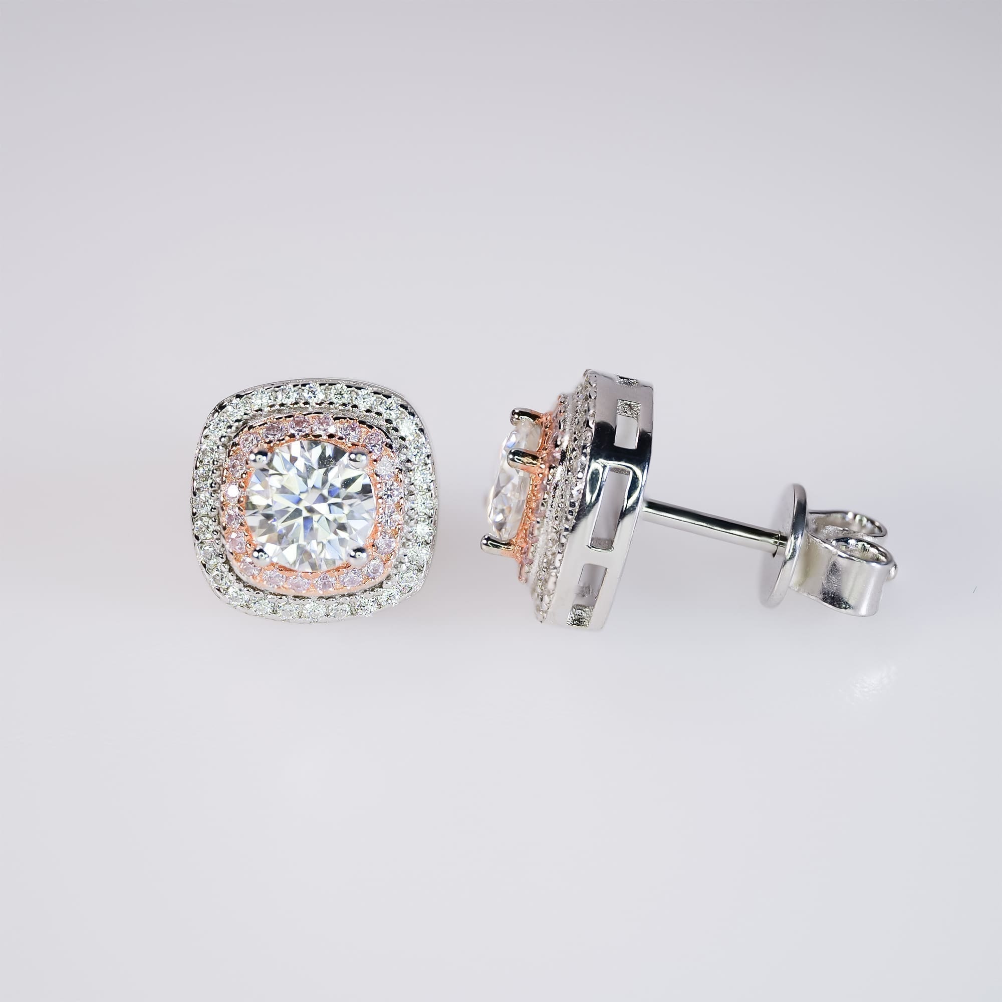 Pink Halo Moissanite Stud Earrings - 925 Silver with White Gold Plating, Art Deco Style - Image 4