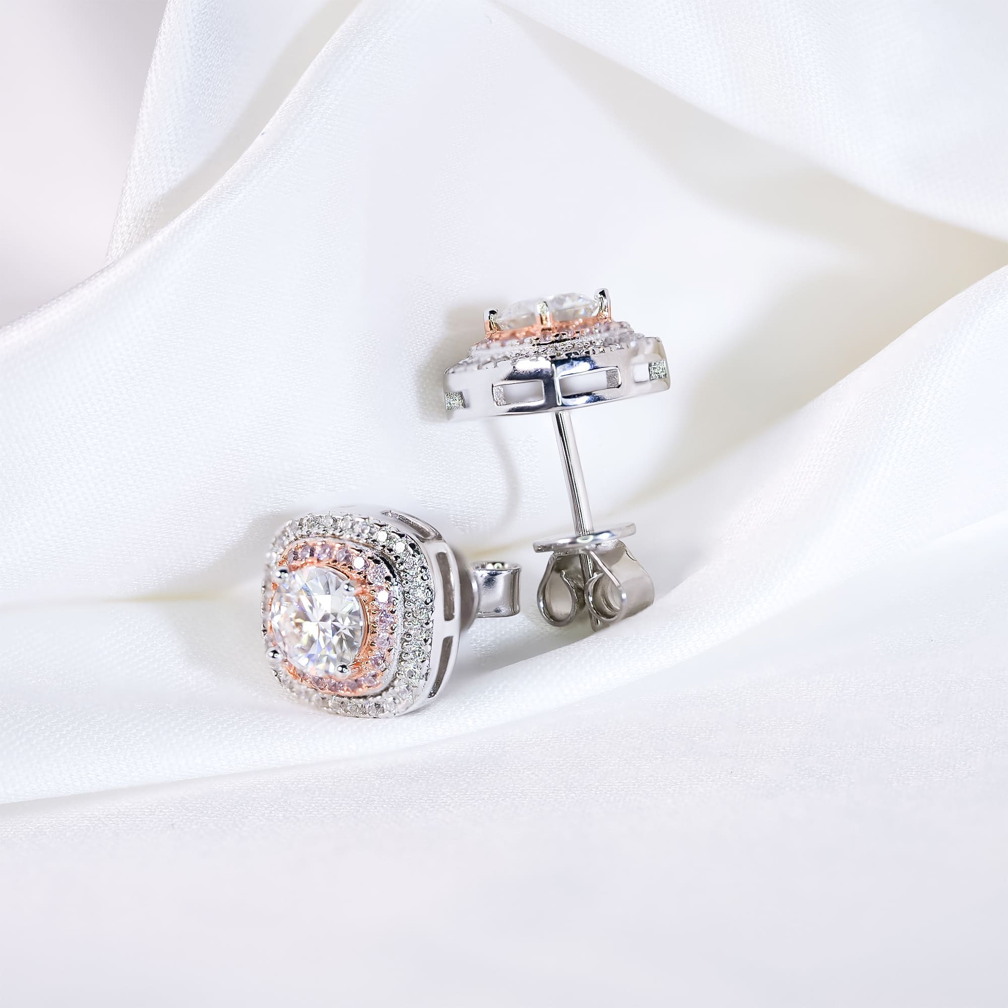 Pink Halo Moissanite Stud Earrings - 925 Silver with White Gold Plating, Art Deco Style - Image 5