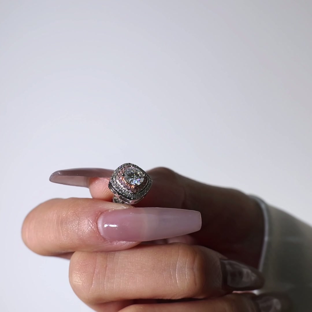 Pink Halo Moissanite Stud Earrings - 925 Silver with White Gold Plating, Art Deco Style product video thumbnail