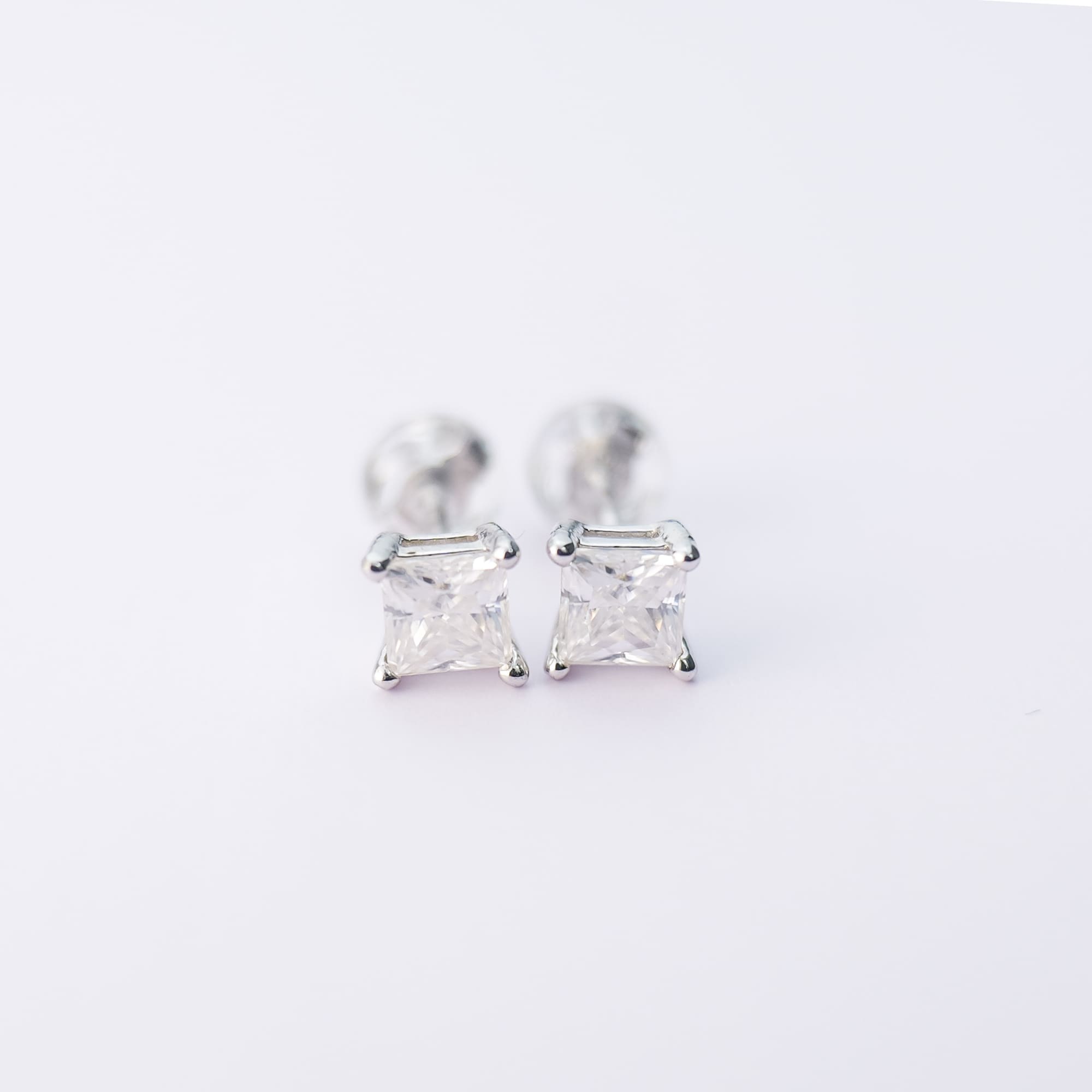 Princess Cut Moissanite Stud Earrings - 925 Silver, Minimalist Square Design
