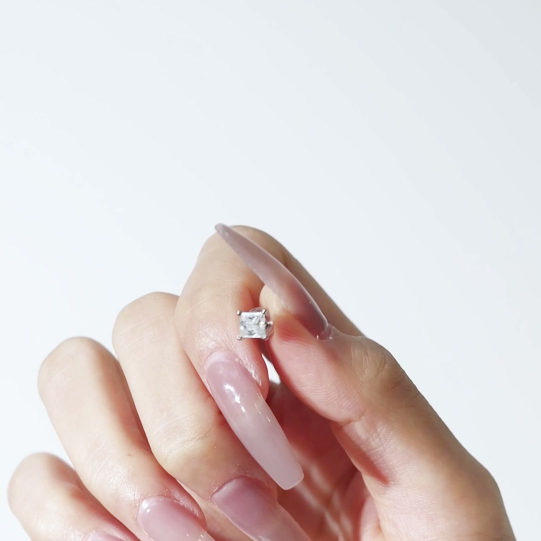 Princess Cut Moissanite Stud Earrings - 925 Silver, Minimalist Square Design product video thumbnail