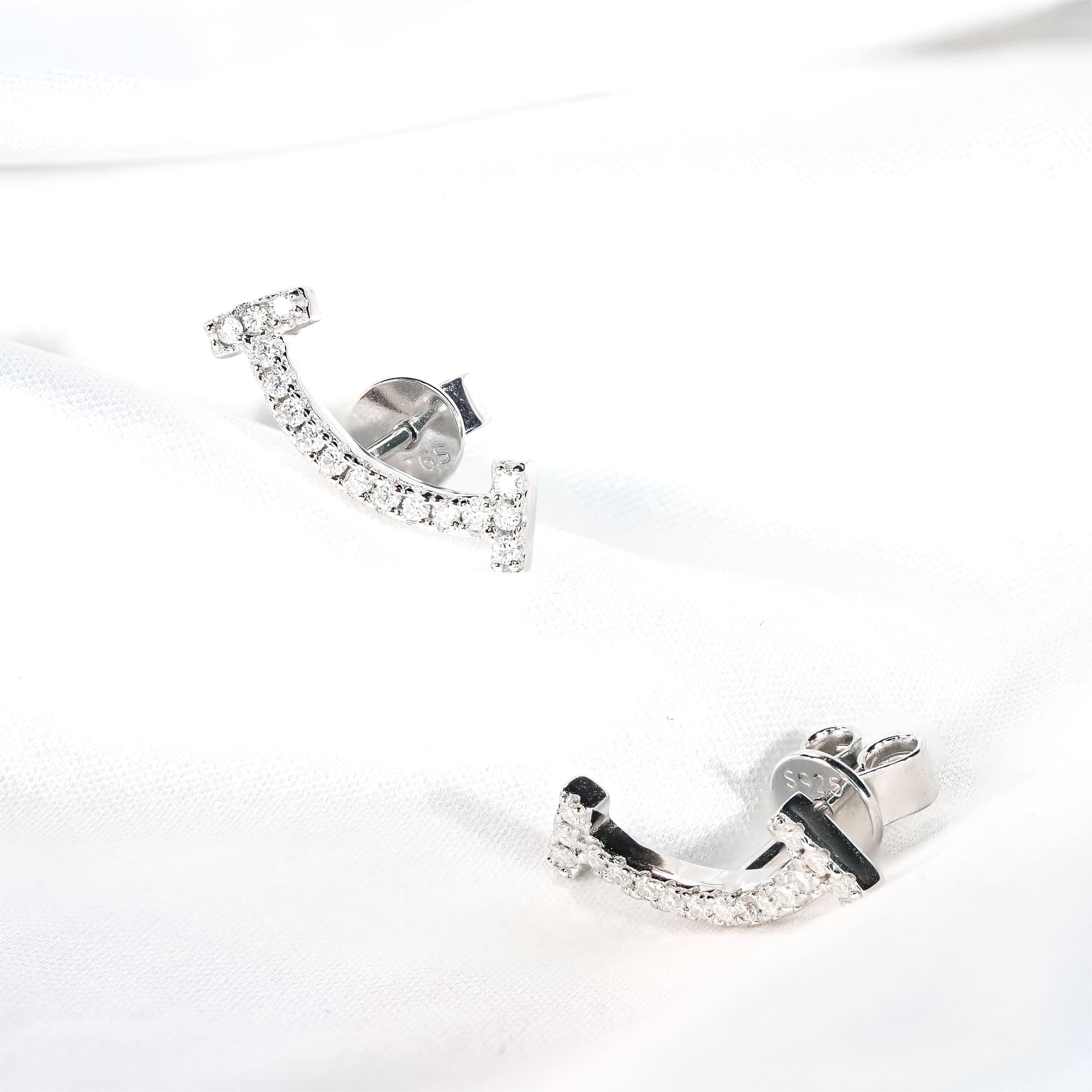 Smiling Face Moissanite Stud Earrings - 925 Silver Plated with White Gold, Channel Setting - Image 5