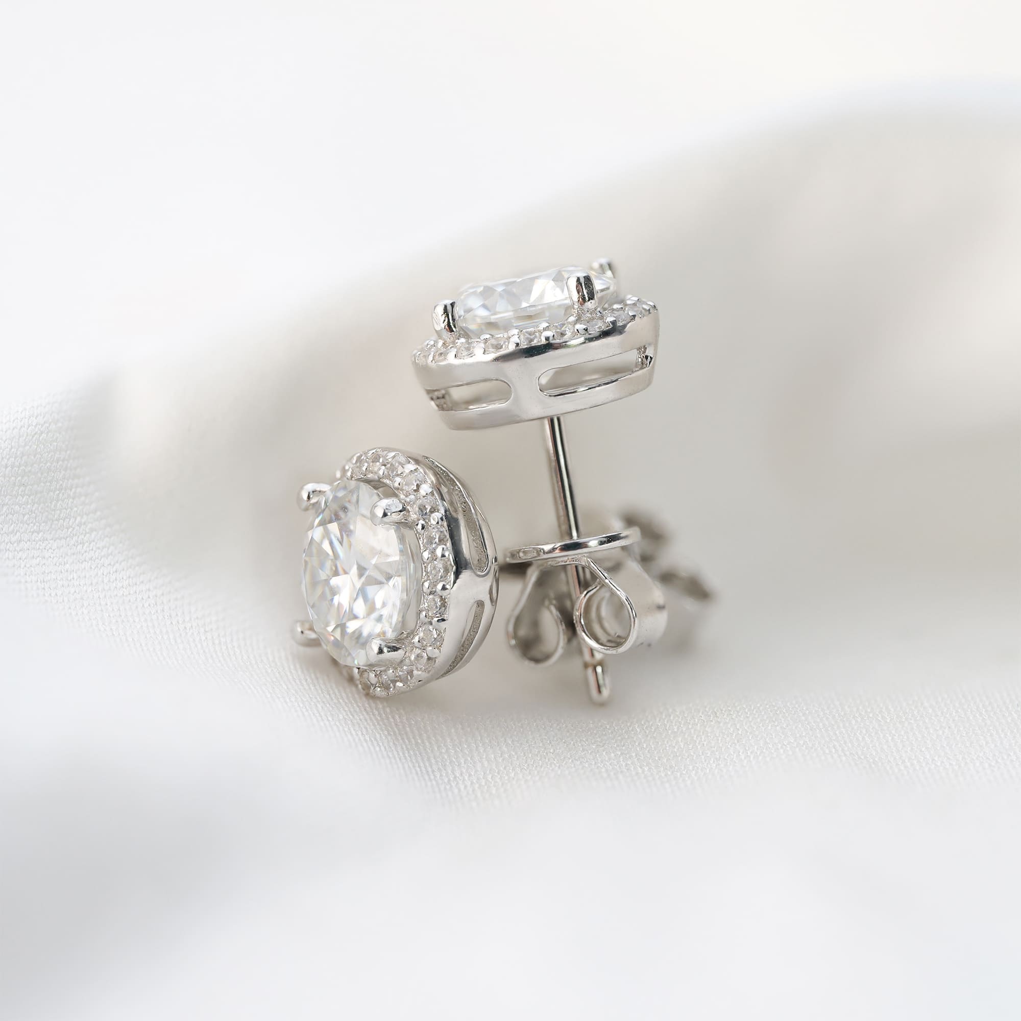 Stunning Moissanite Halo-Setting Stud Earrings - Ethical Gemstone & 925 Silver Plated with White Gold - Image 6