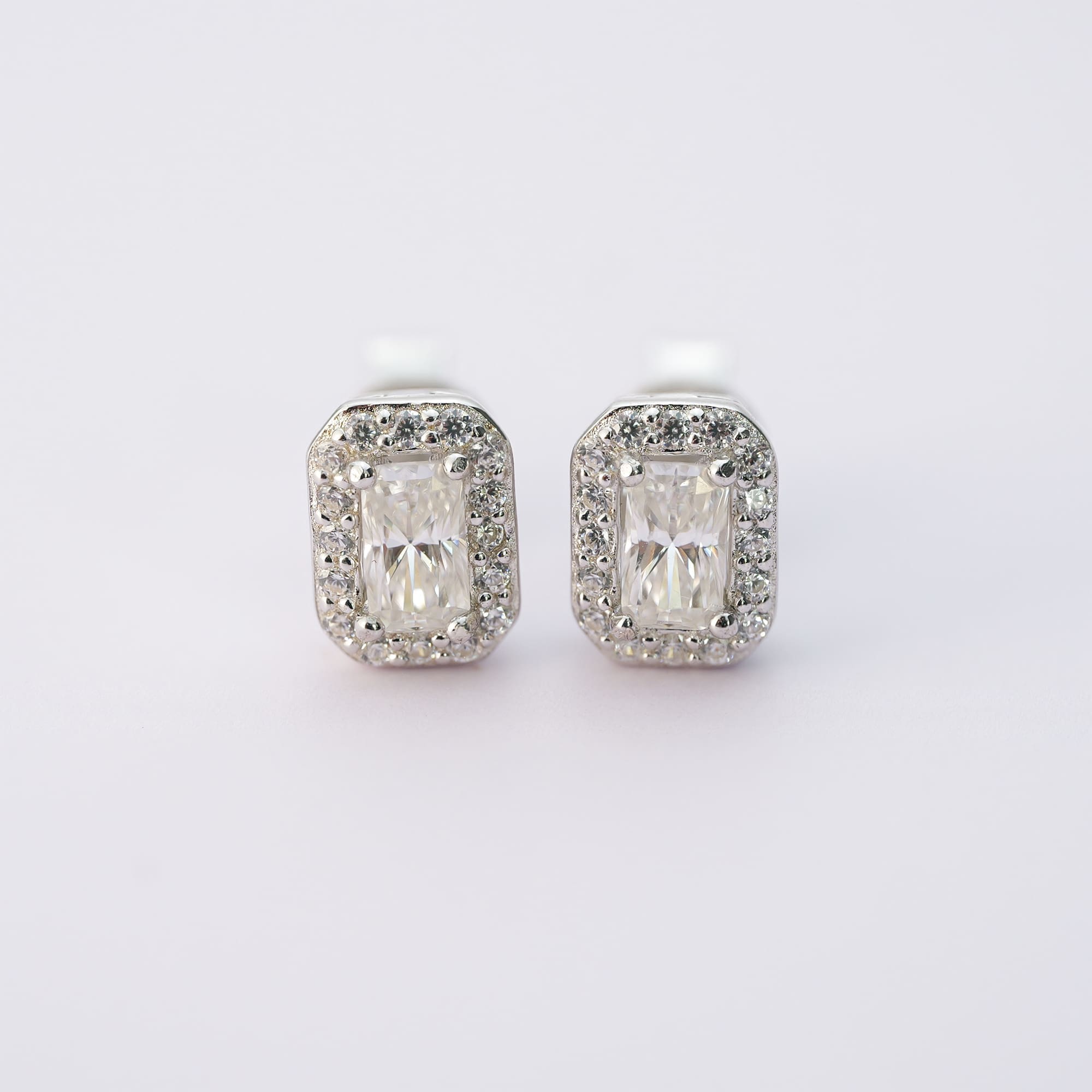 Radiant Cut Moissanite Halo Cluster Earrings in White Gold-Plated 925 Silver