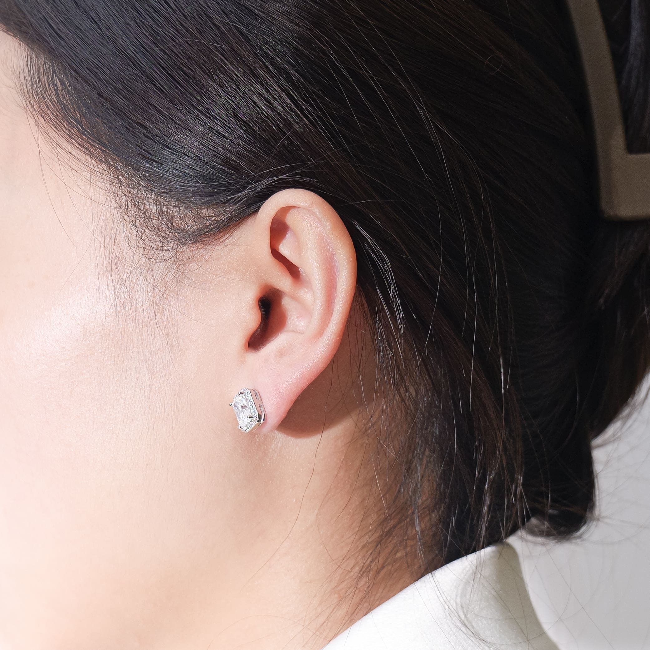 Radiant Cut Moissanite Halo Cluster Earrings in White Gold-Plated 925 Silver - alternate view