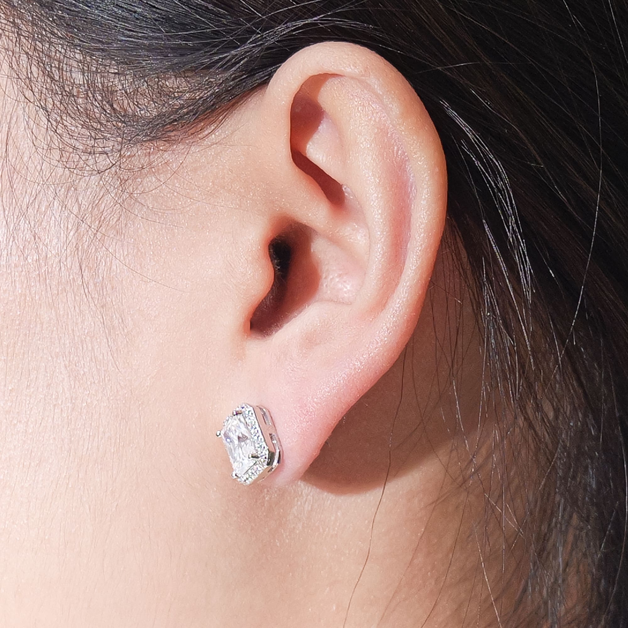 Radiant Cut Moissanite Halo Cluster Earrings in White Gold-Plated 925 Silver - Image 3