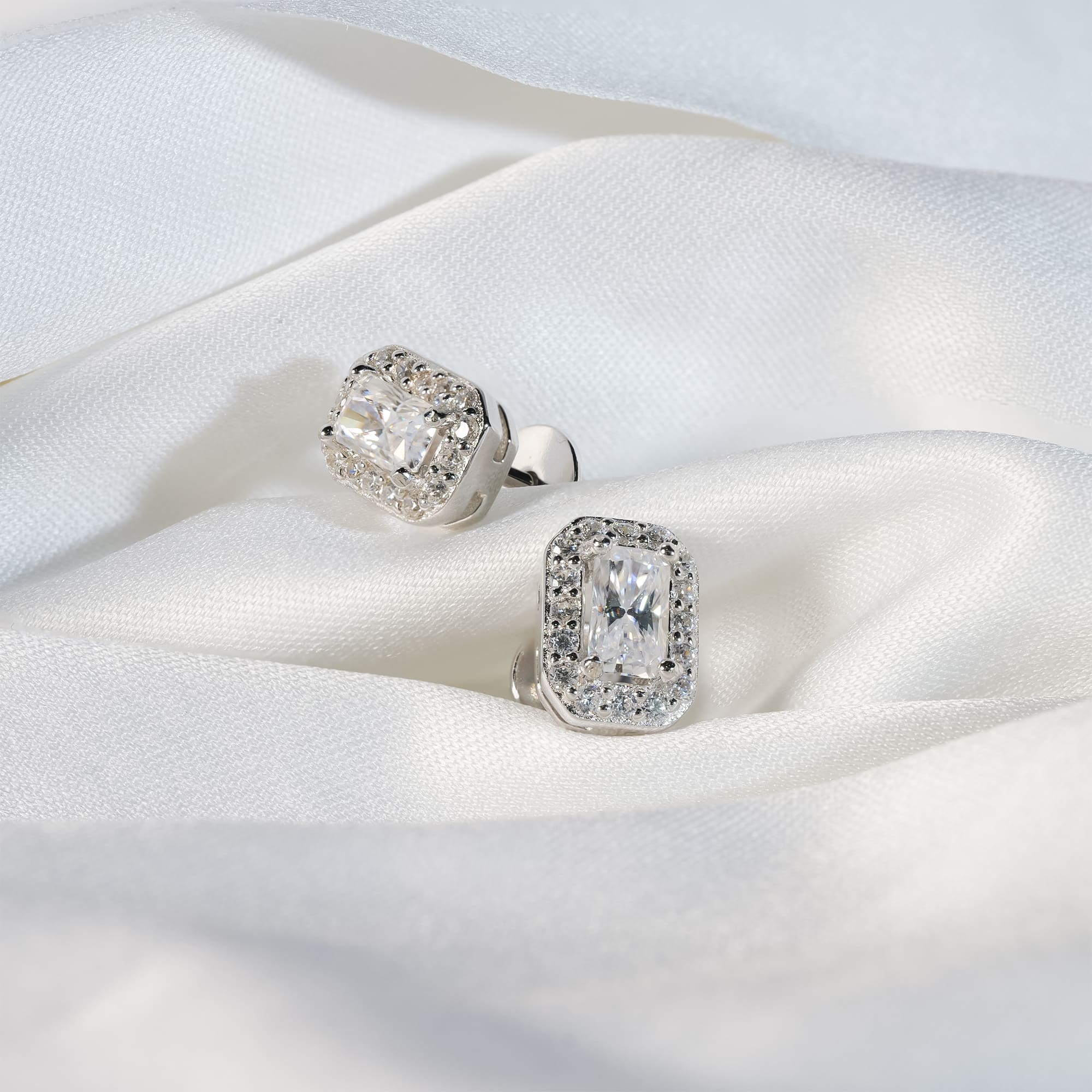 Radiant Cut Moissanite Halo Cluster Earrings in White Gold-Plated 925 Silver - Image 5