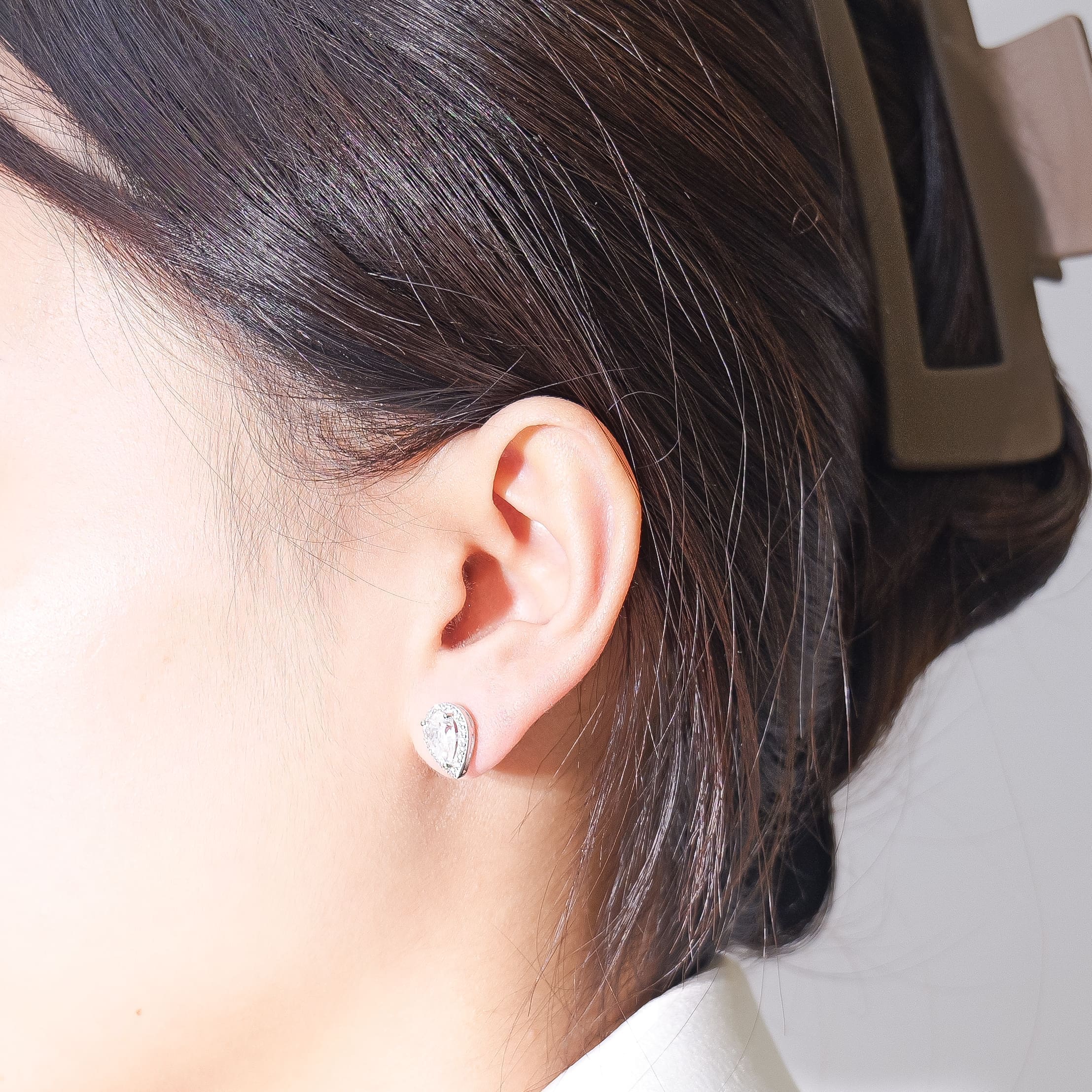 Pear Cut Moissanite Halo Stud Earrings - 925 Silver Plated with White Gold - alternate view