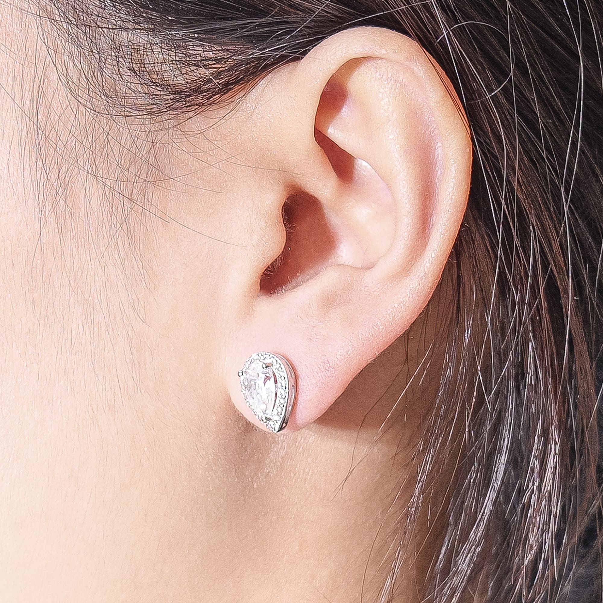 Pear Cut Moissanite Halo Stud Earrings - 925 Silver Plated with White Gold - Image 3