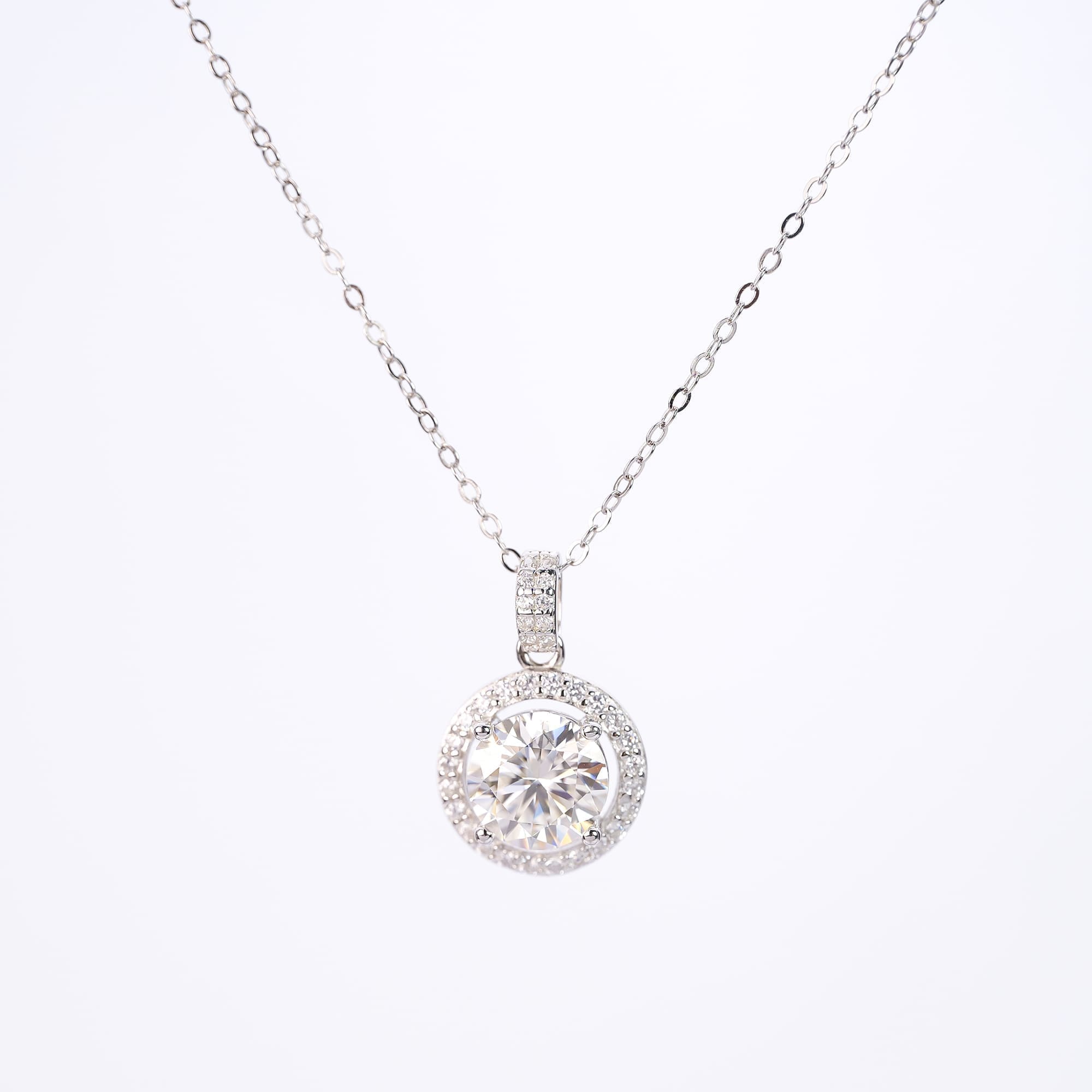 Halo Set 2 CT Round Moissanite Pendant on 925 Silver Rolo Chain Necklace