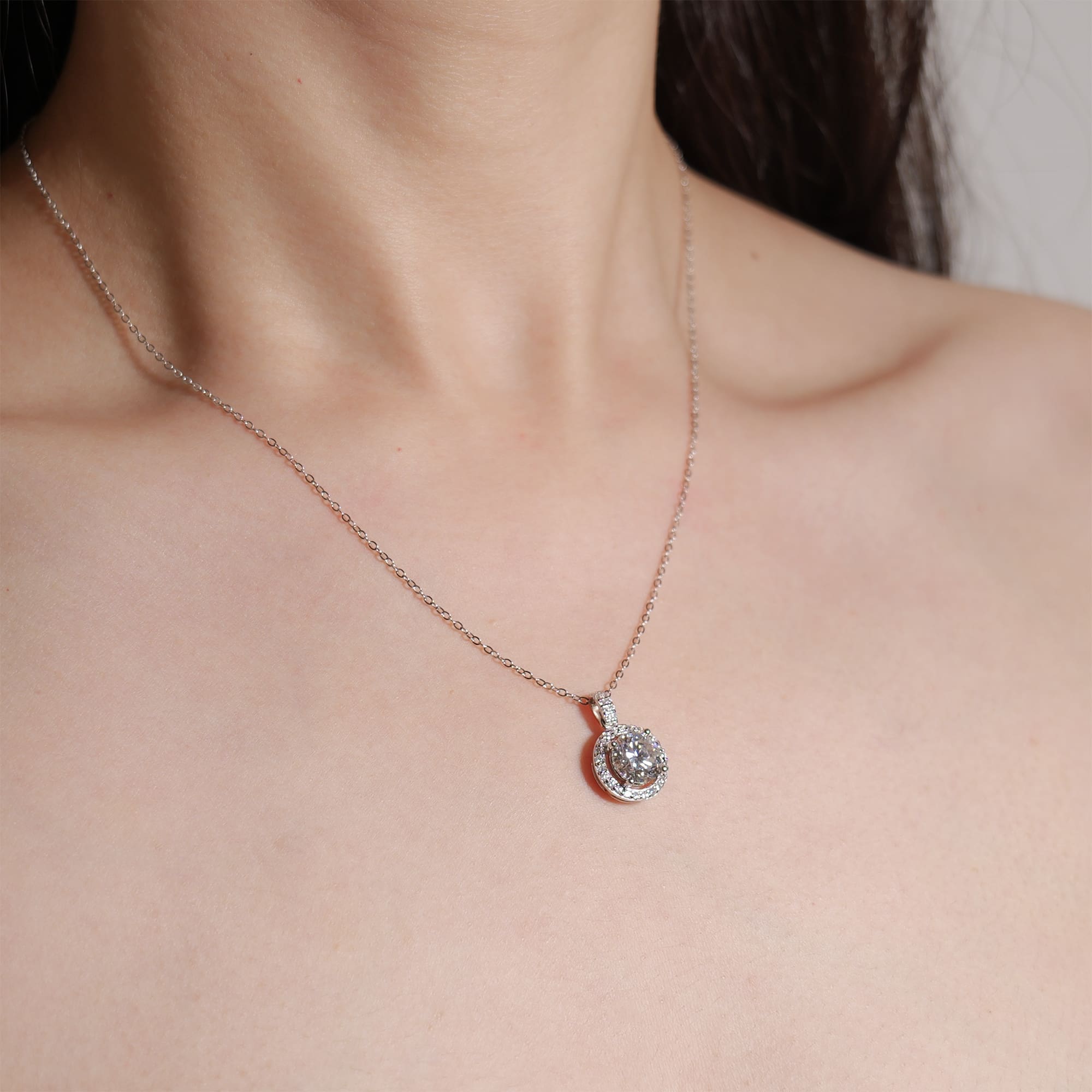Halo Set 2 CT Round Moissanite Pendant on 925 Silver Rolo Chain Necklace - Image 2