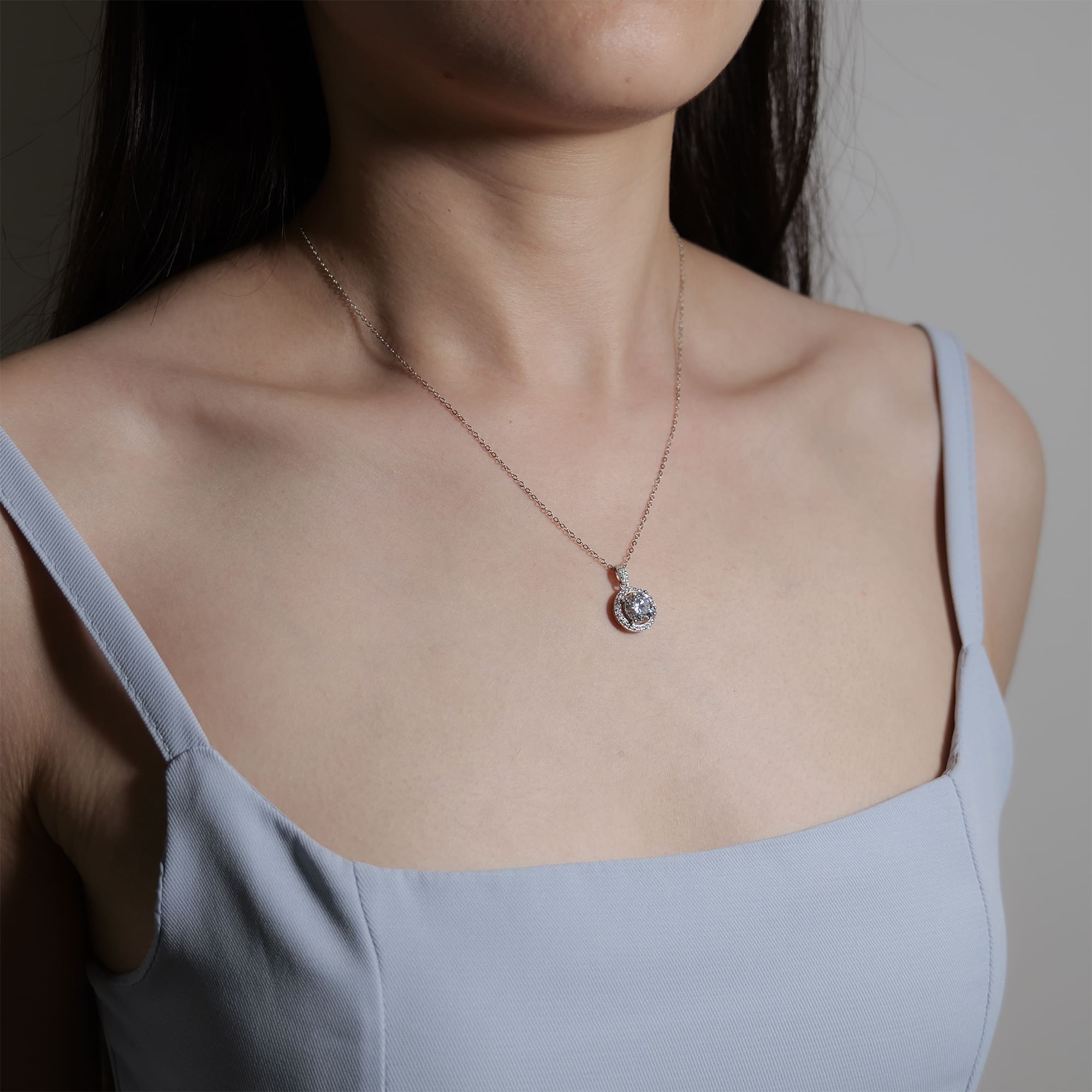 Halo Set 2 CT Round Moissanite Pendant on 925 Silver Rolo Chain Necklace - Image 3