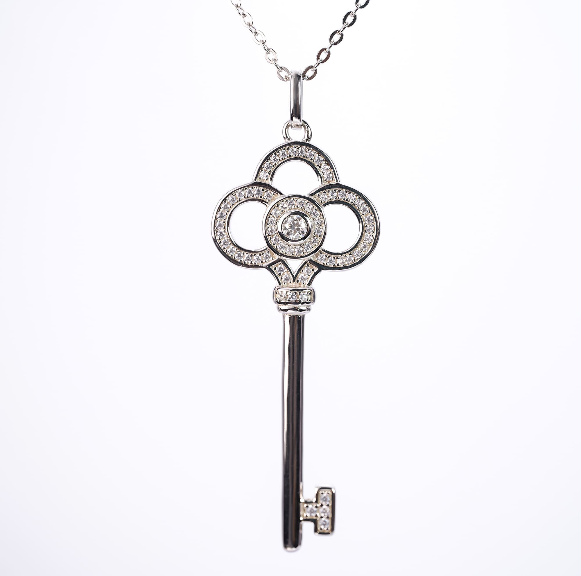 Key Pendant Necklace with 0.3 CT Moissanite on 925 Silver Rolo Chain