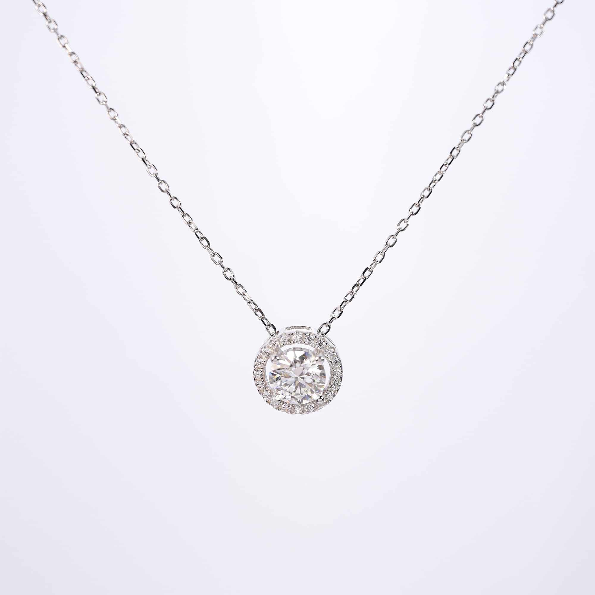 1CT Circular Moissanite Pendant Necklace with Halo Diamond Setting on 925 Silver Rolo Chain