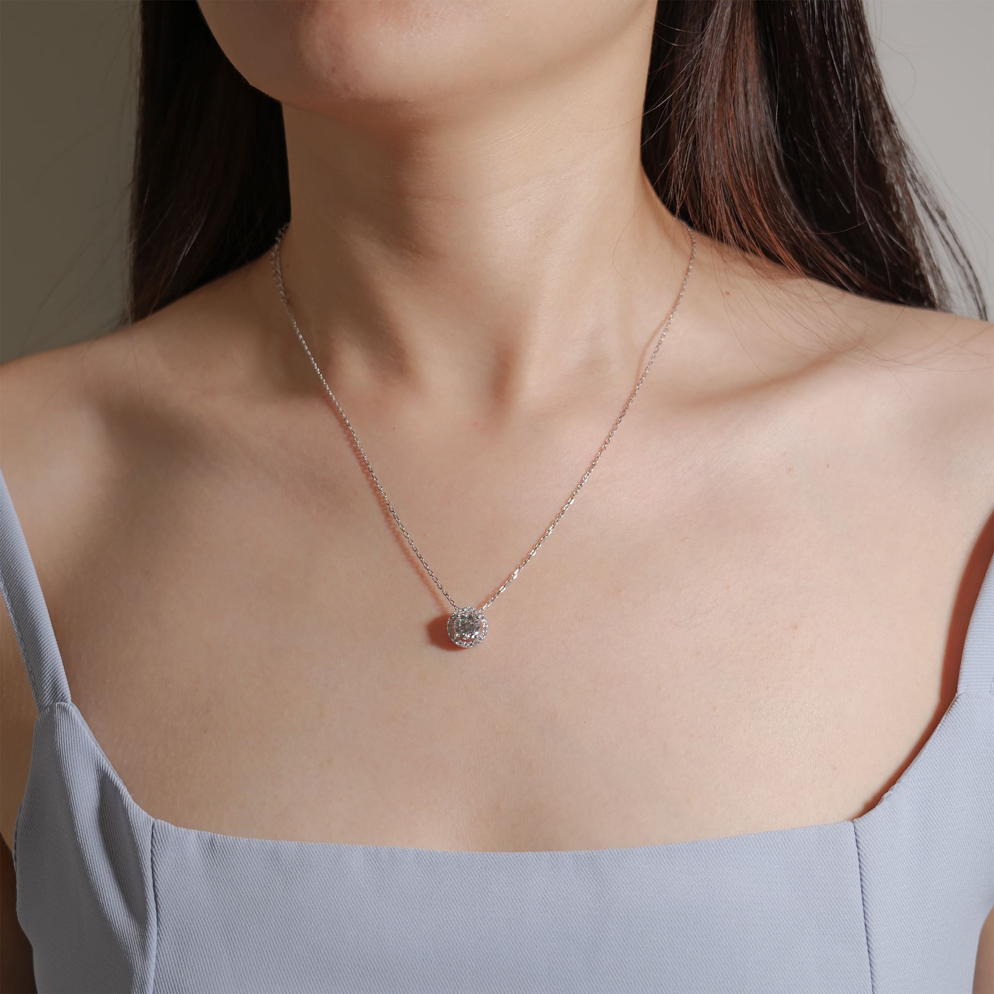 1CT Circular Moissanite Pendant Necklace with Halo Diamond Setting on 925 Silver Rolo Chain - Image 2