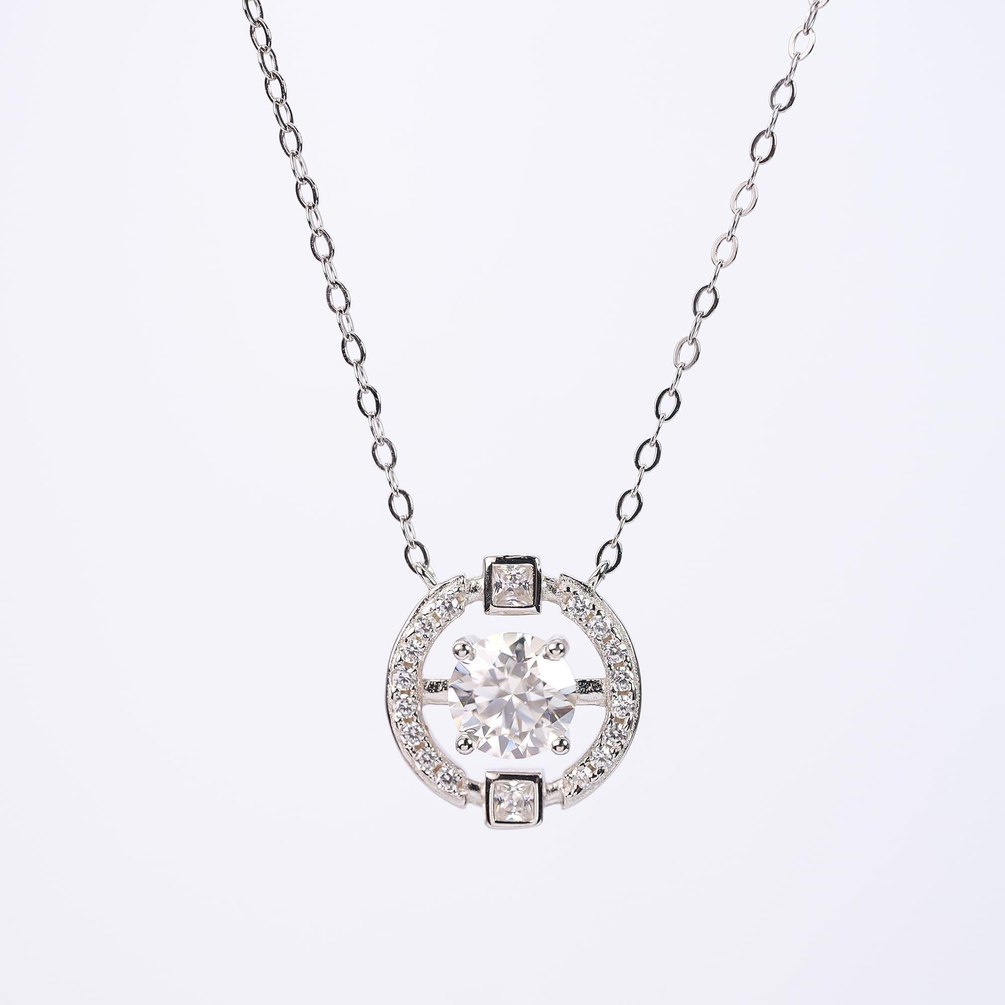 1CT Circular Moissanite Three Stone Pendant Necklace in Halo Setting on 925 Silver Rolo Chain