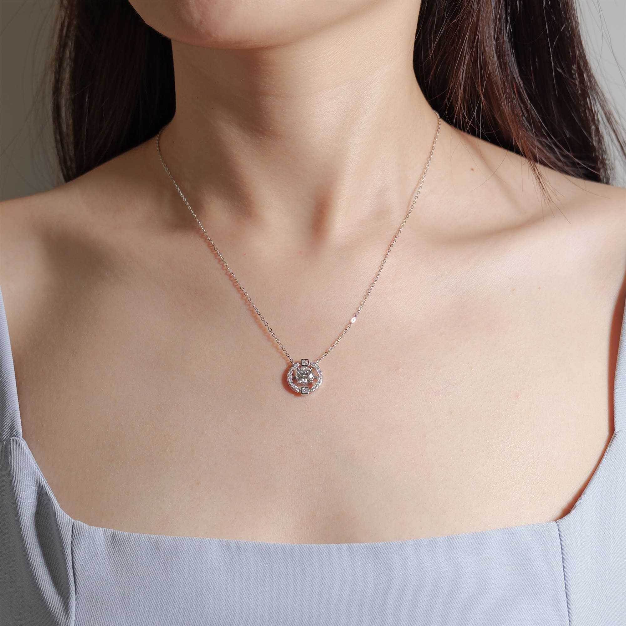 1CT Circular Moissanite Three Stone Pendant Necklace in Halo Setting on 925 Silver Rolo Chain - Image 2