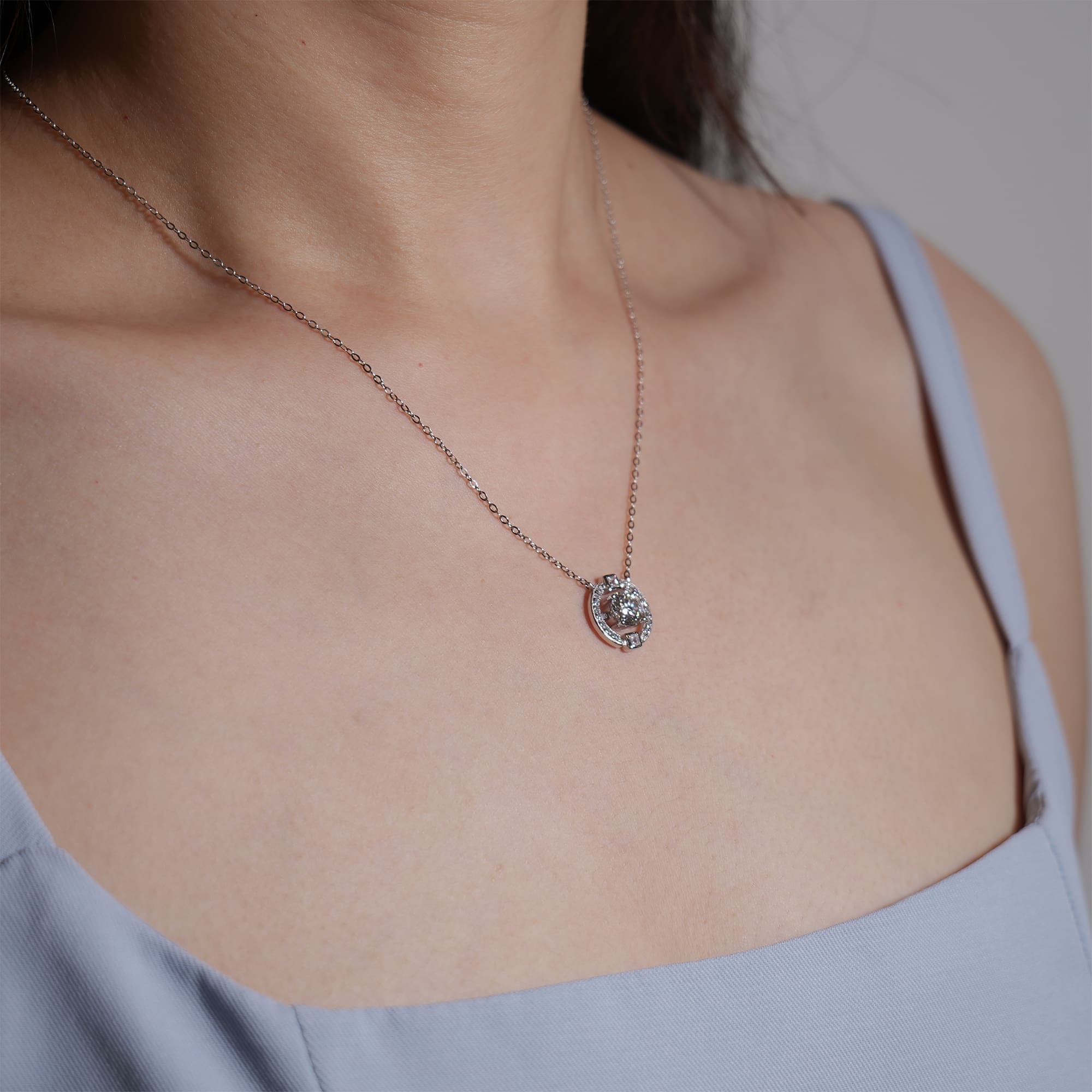 1CT Circular Moissanite Three Stone Pendant Necklace in Halo Setting on 925 Silver Rolo Chain - Image 3