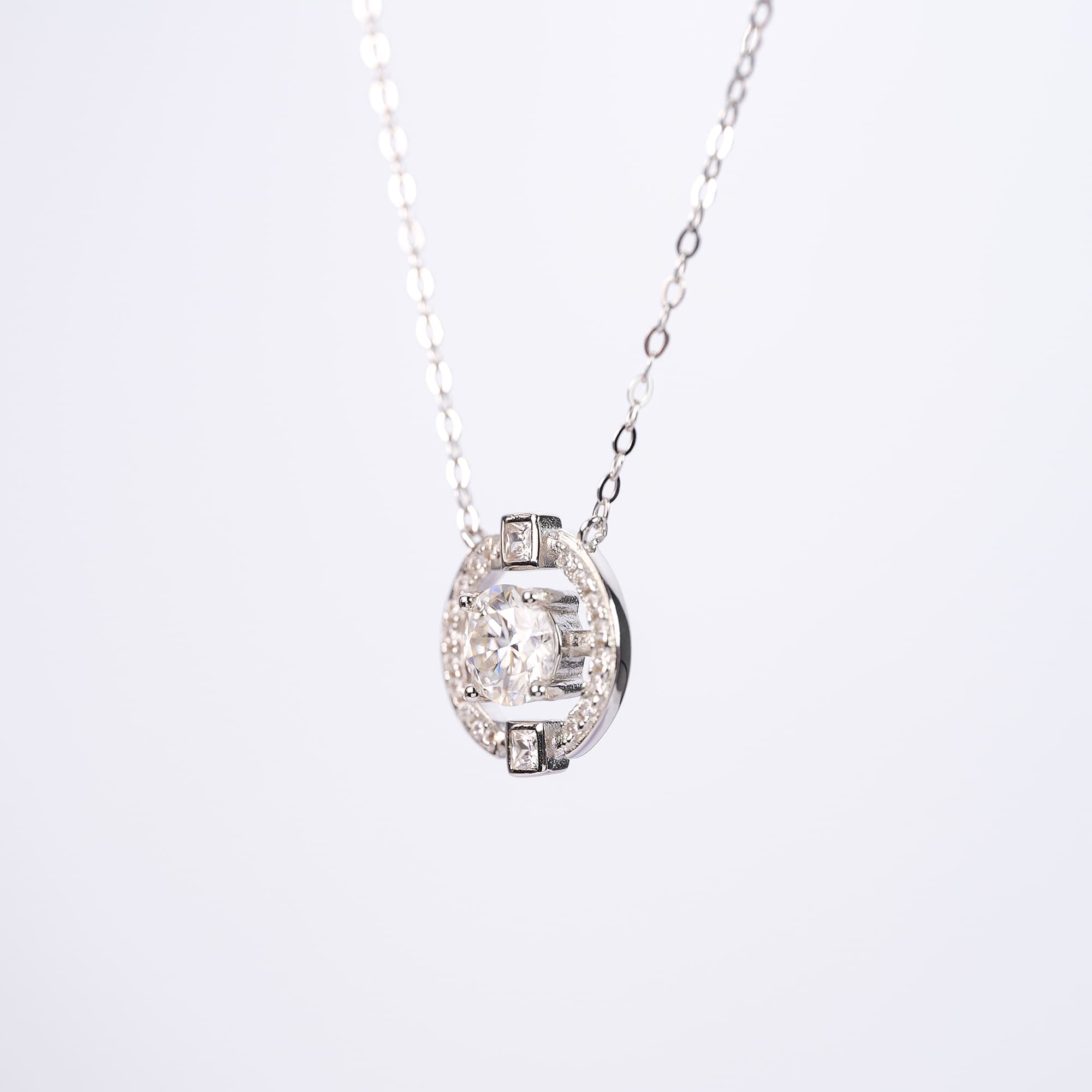 1CT Circular Moissanite Three Stone Pendant Necklace in Halo Setting on 925 Silver Rolo Chain - Image 4