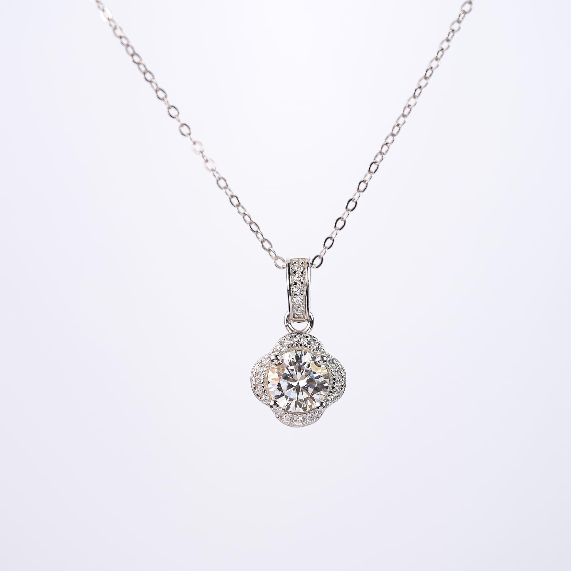 1CT Circular Moissanite Pendant Necklace, Floral Petal Design with Halo Setting on 925 Silver Rolo Chain