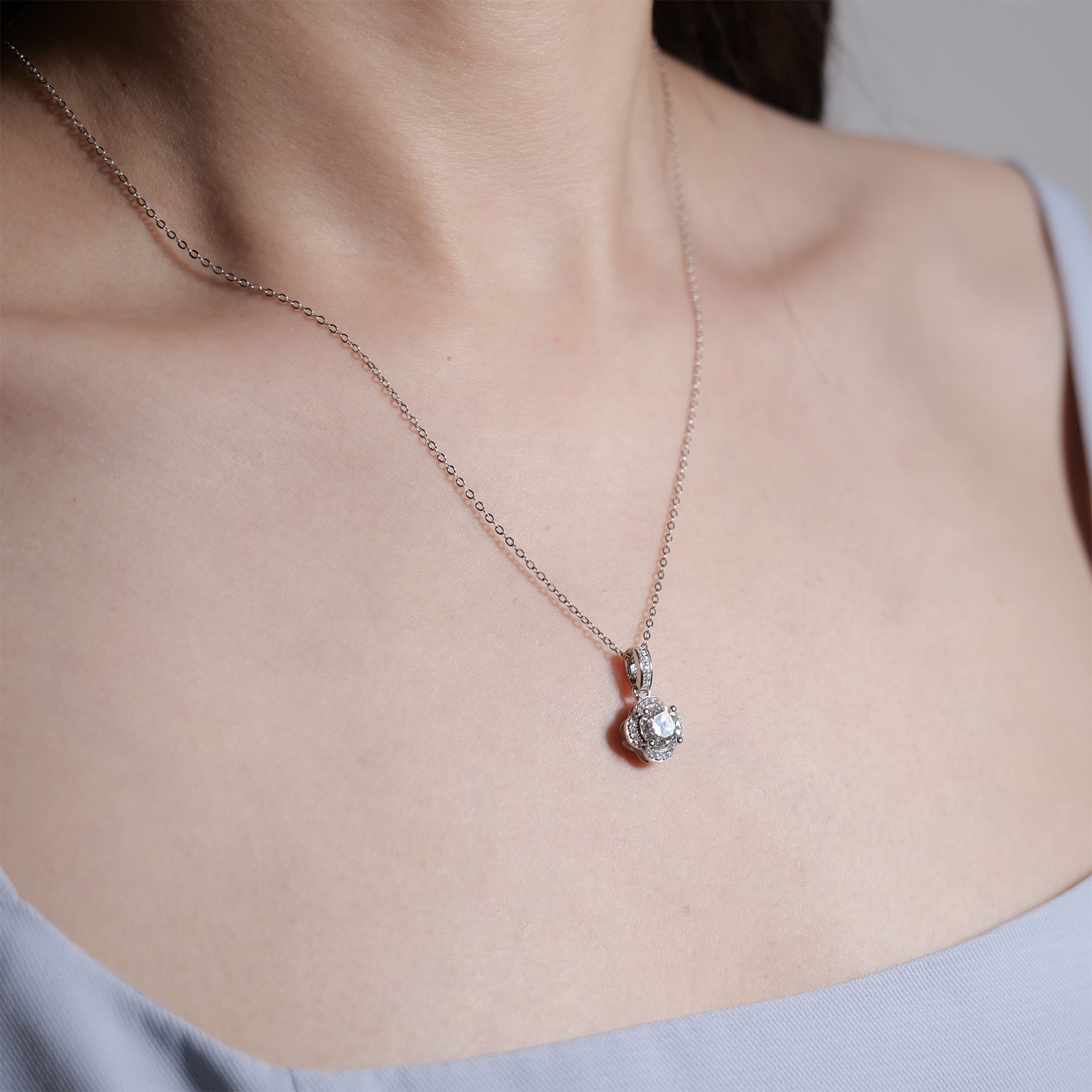 1CT Circular Moissanite Pendant Necklace, Floral Petal Design with Halo Setting on 925 Silver Rolo Chain - Image 2