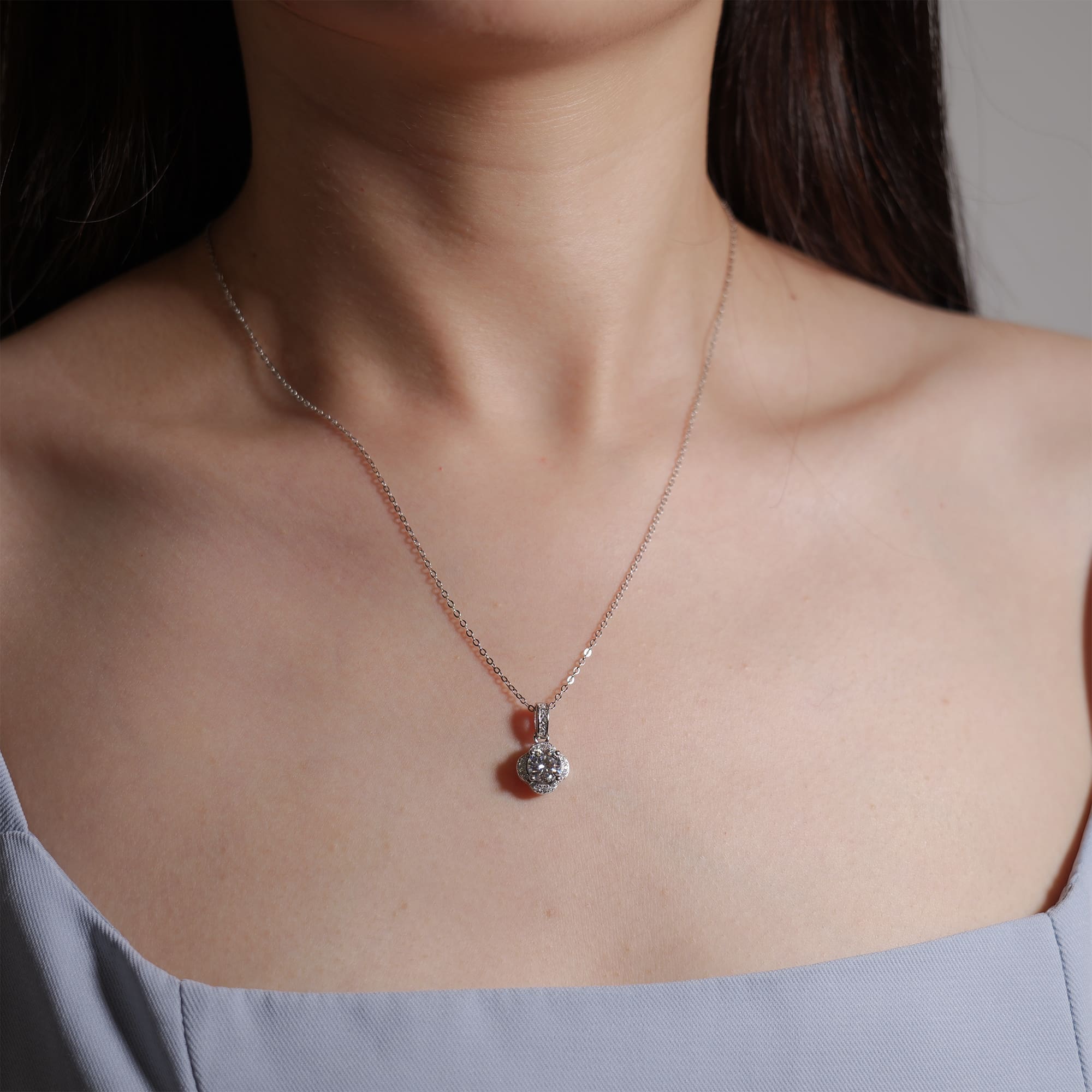 1CT Circular Moissanite Pendant Necklace, Floral Petal Design with Halo Setting on 925 Silver Rolo Chain - Image 3