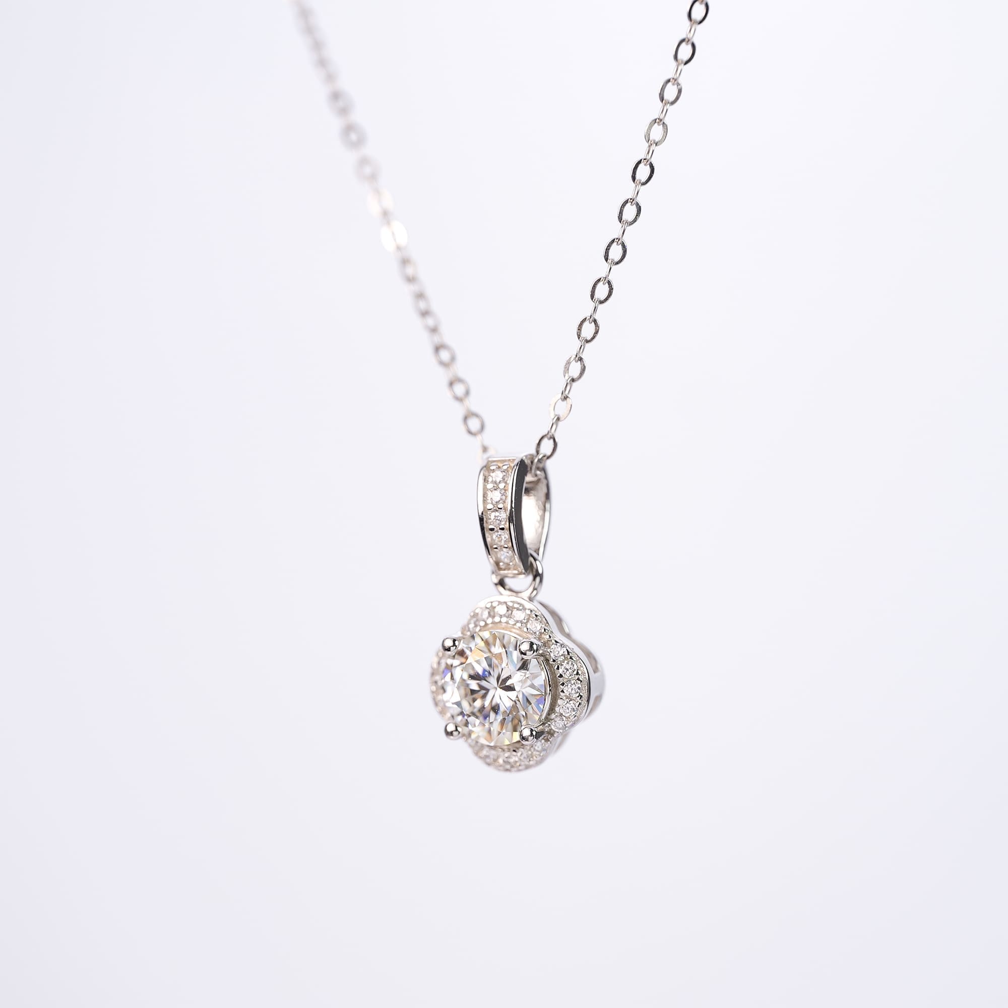1CT Circular Moissanite Pendant Necklace, Floral Petal Design with Halo Setting on 925 Silver Rolo Chain - Image 4