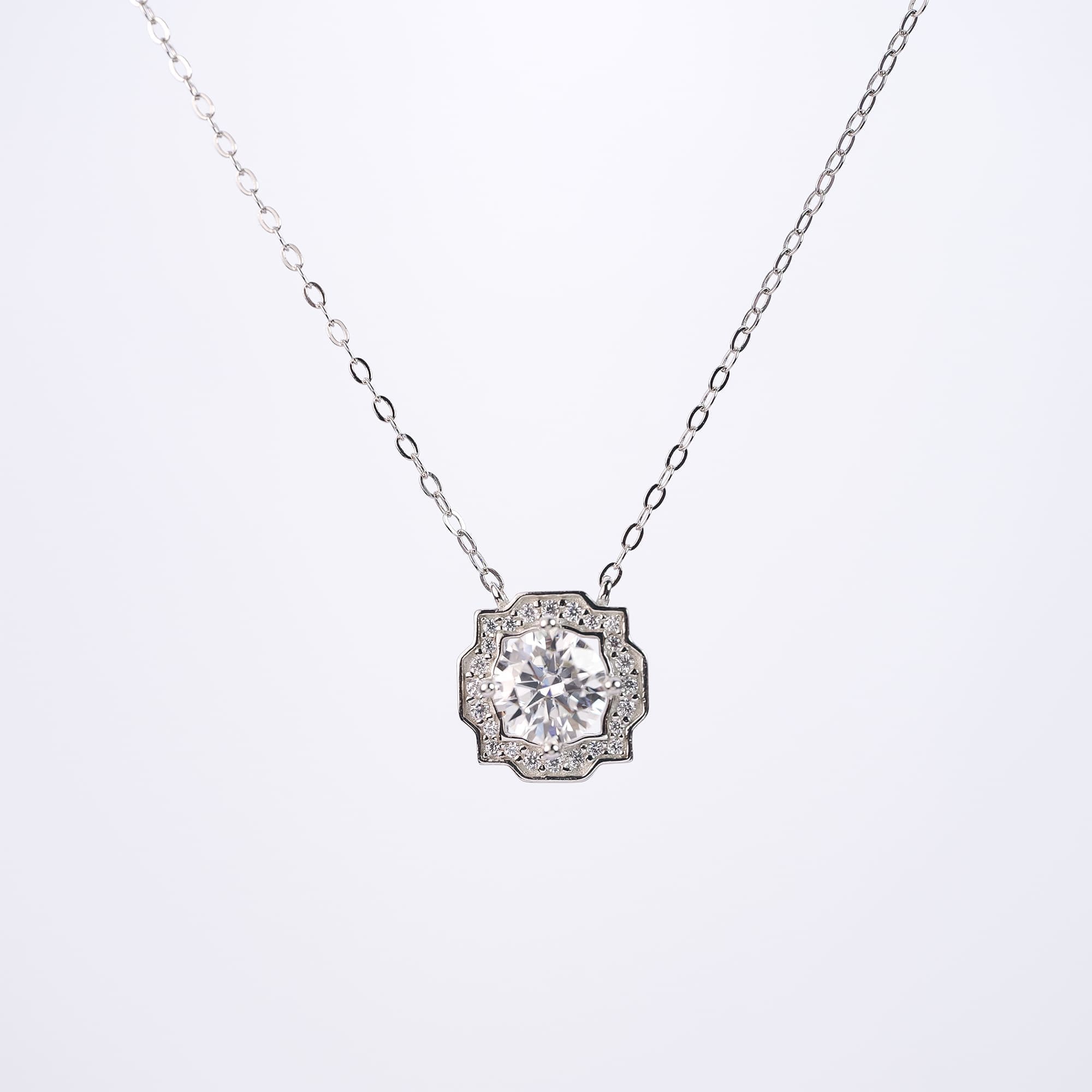 1CT Round Moissanite Pendant Necklace in 925 Silver, Illusion Setting with Dodecagon Halo Detailing