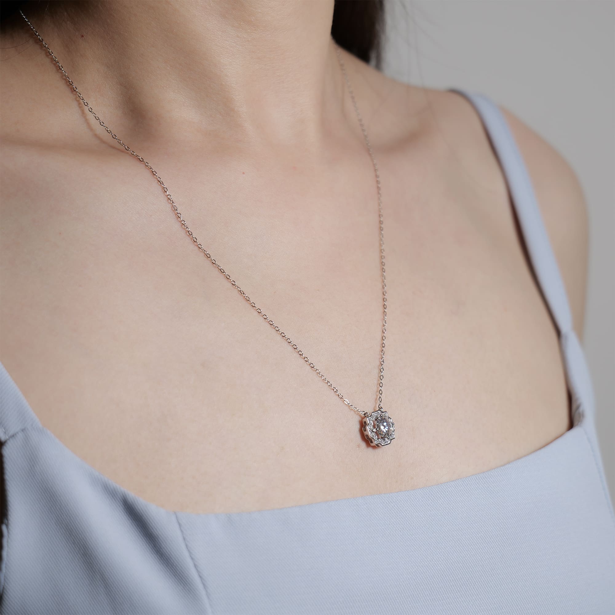 1CT Round Moissanite Pendant Necklace in 925 Silver, Illusion Setting with Dodecagon Halo Detailing - Image 2