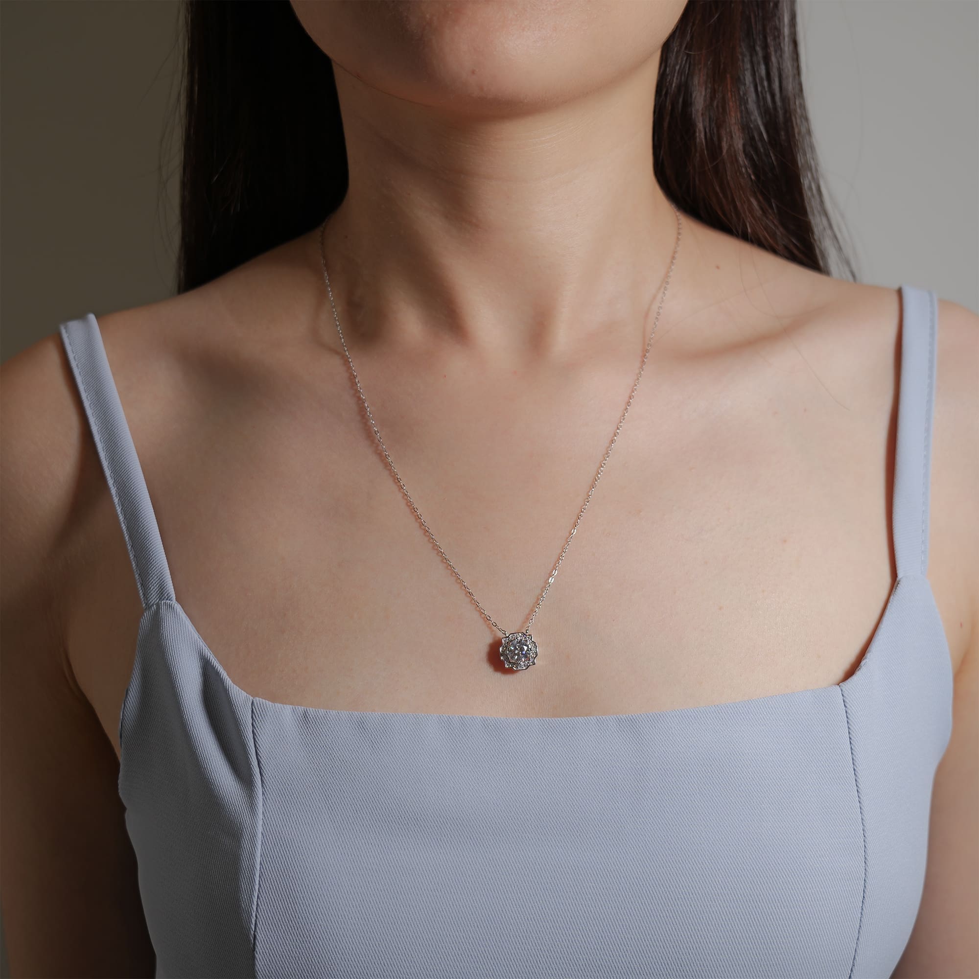 1CT Round Moissanite Pendant Necklace in 925 Silver, Illusion Setting with Dodecagon Halo Detailing - Image 3