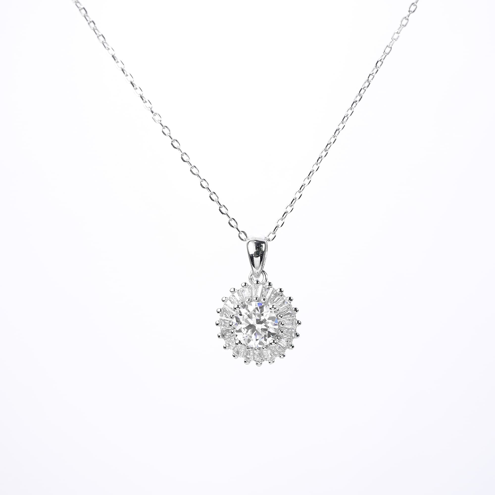 Art Deco Moissanite Pendant Necklace in White Gold-Plated Silver with Baguette Halo - 1CT, Adjustable Rolo Chain