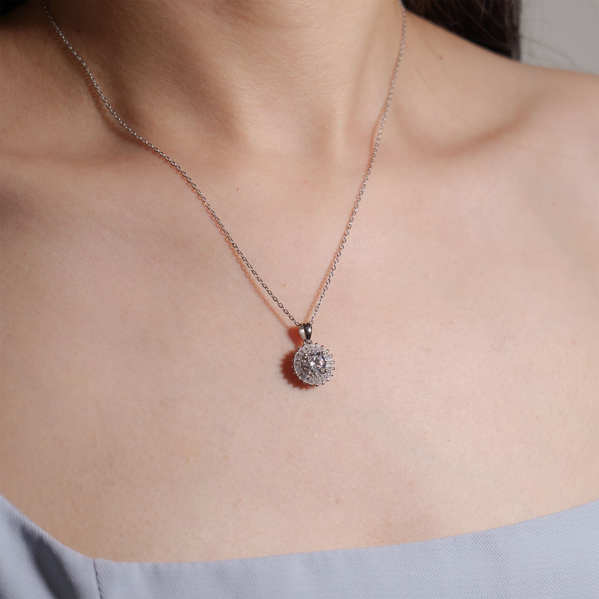 Art Deco Moissanite Pendant Necklace in White Gold-Plated Silver with Baguette Halo - 1CT, Adjustable Rolo Chain - Image 2