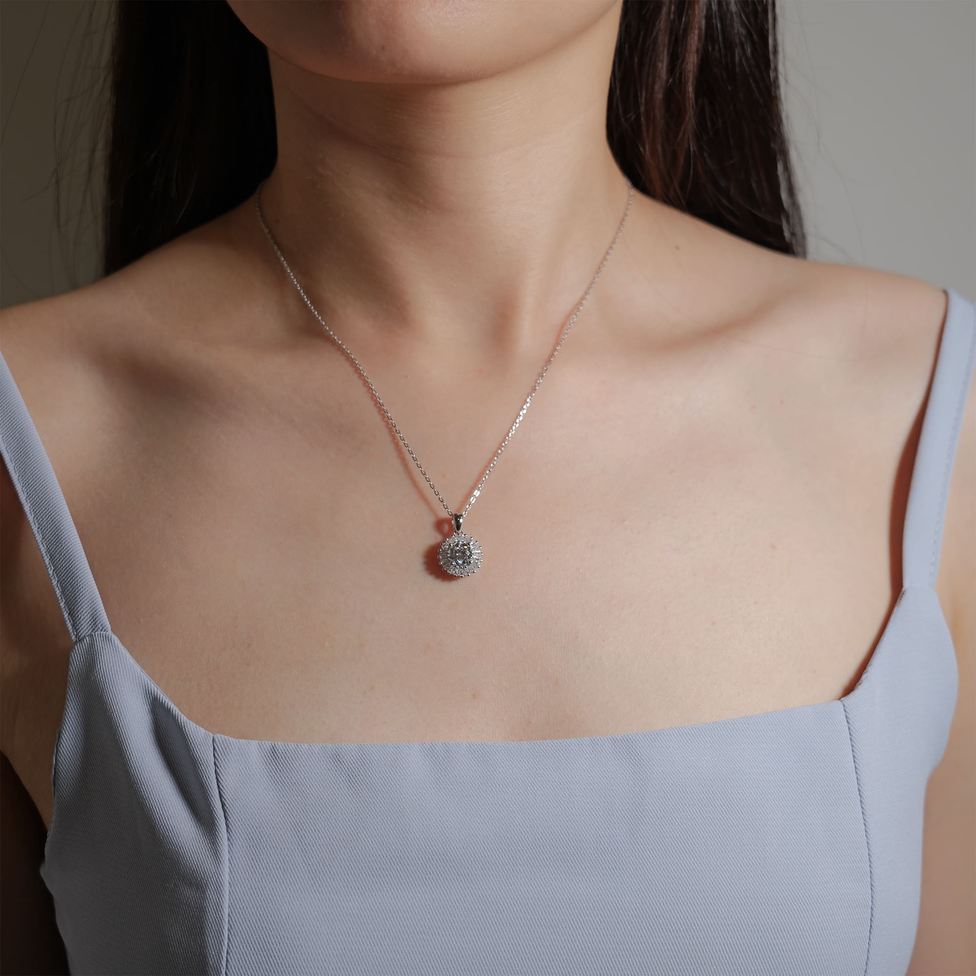 Art Deco Moissanite Pendant Necklace in White Gold-Plated Silver with Baguette Halo - 1CT, Adjustable Rolo Chain - Image 3