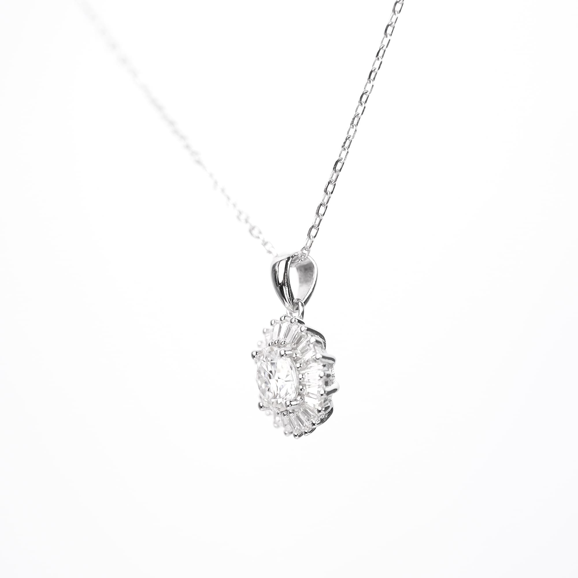 Art Deco Moissanite Pendant Necklace in White Gold-Plated Silver with Baguette Halo - 1CT, Adjustable Rolo Chain - Image 4