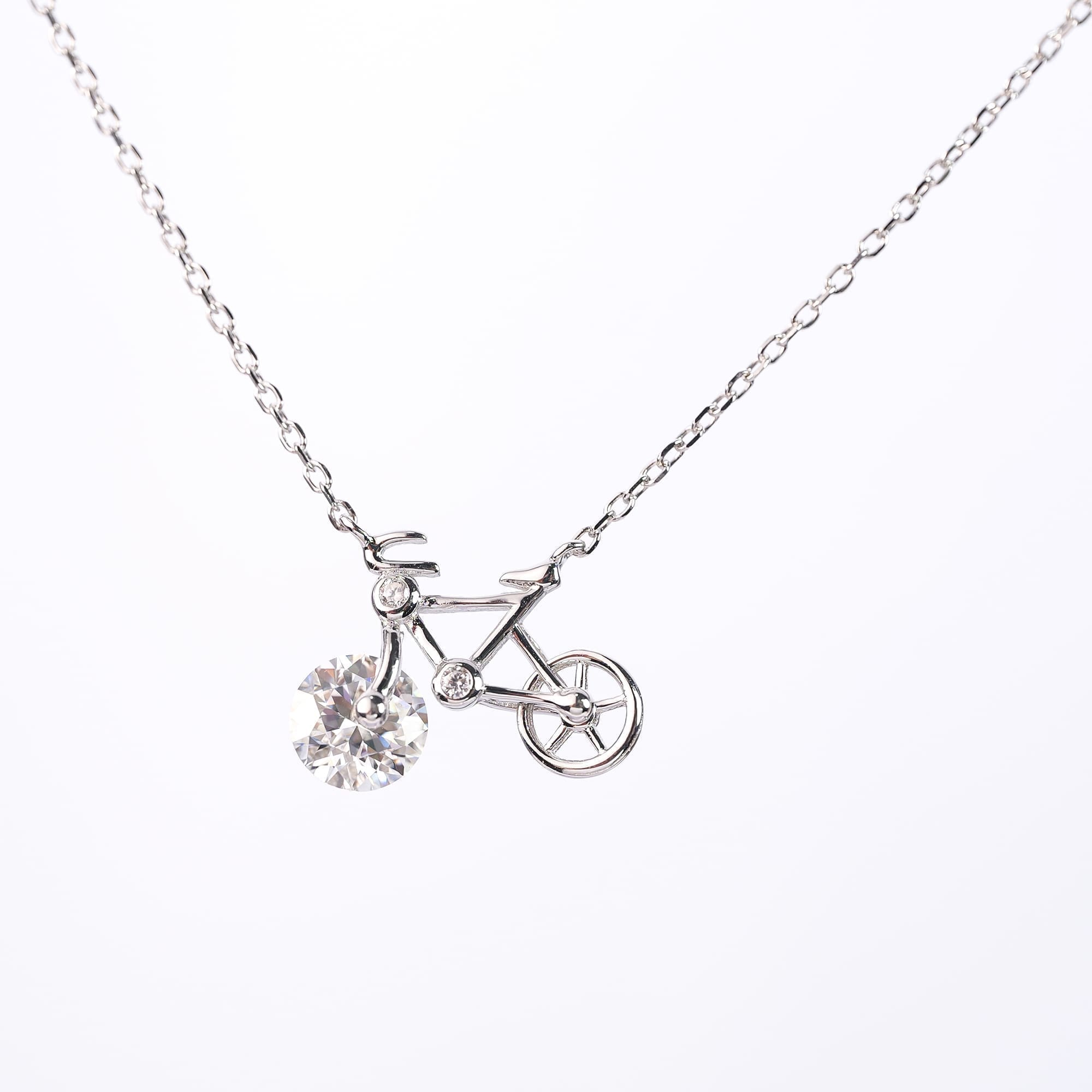 1CT Moissanite Bicycle Pendant, 925 Silver White Gold Plated Necklace