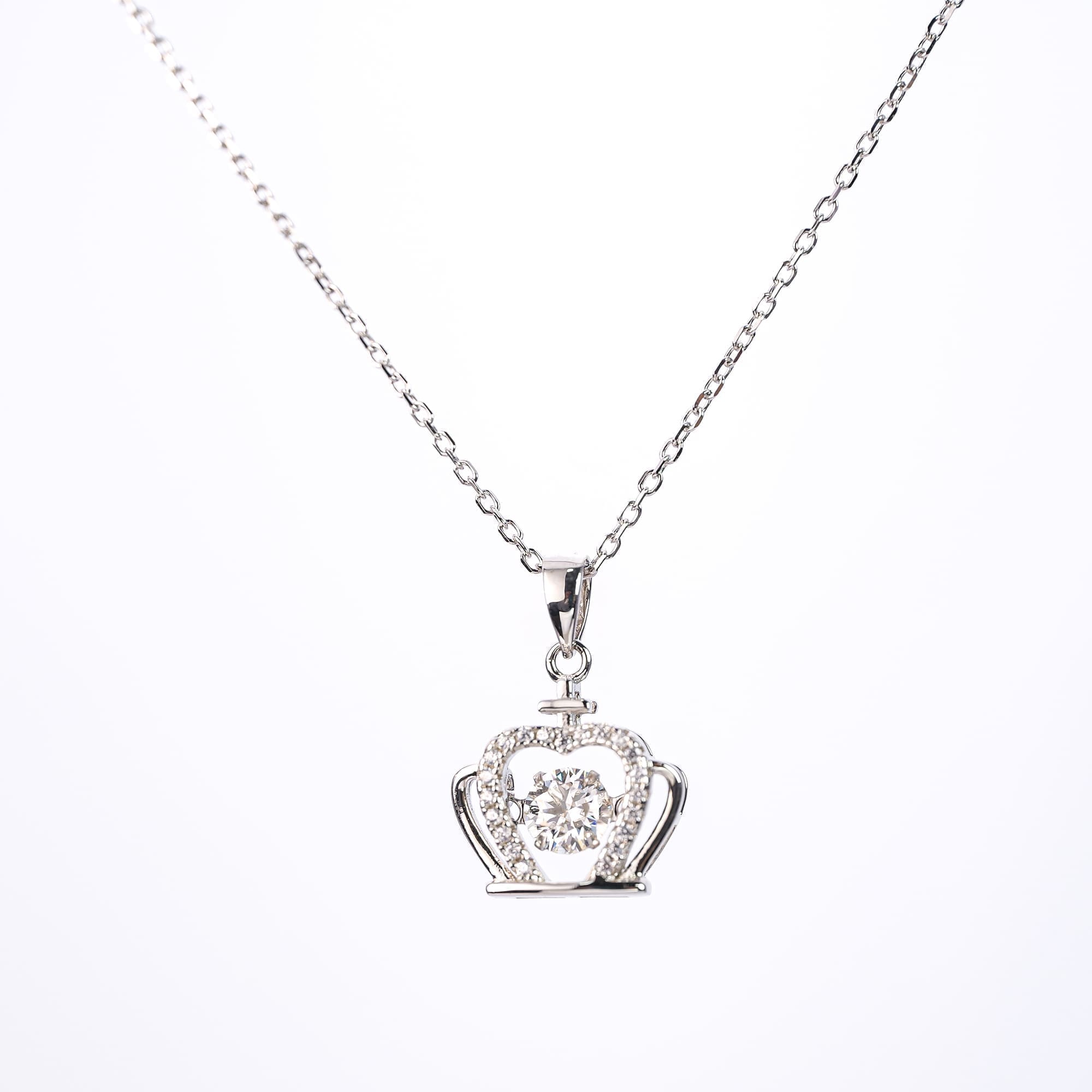 Crown Pendant Necklace with Floating Moissanite Stone in White Gold-Plated 925 Silver