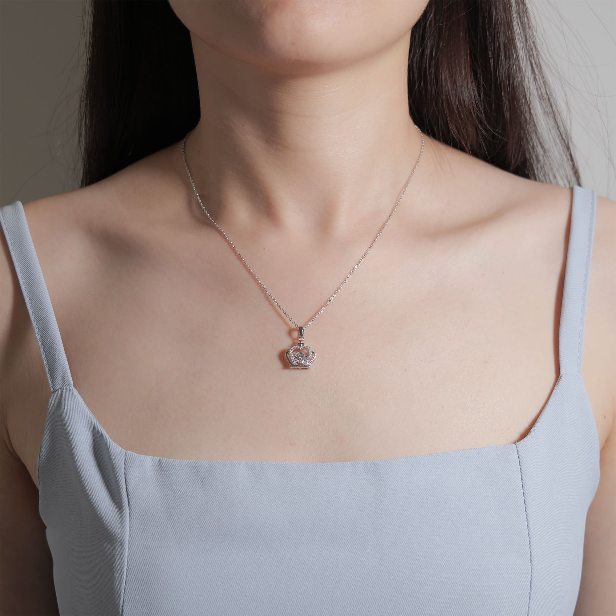 Crown Pendant Necklace with Floating Moissanite Stone in White Gold-Plated 925 Silver - Image 2