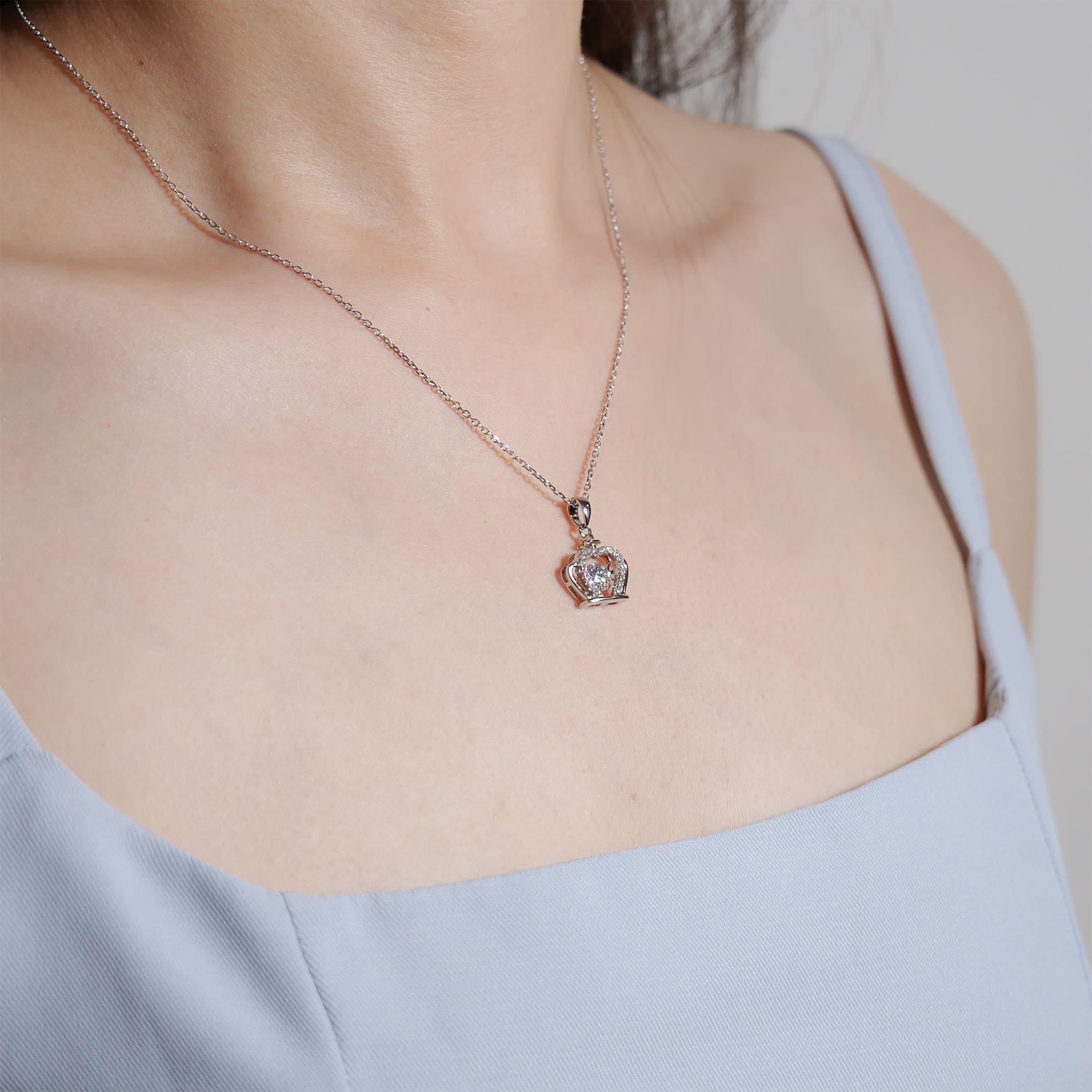 Crown Pendant Necklace with Floating Moissanite Stone in White Gold-Plated 925 Silver - Image 3