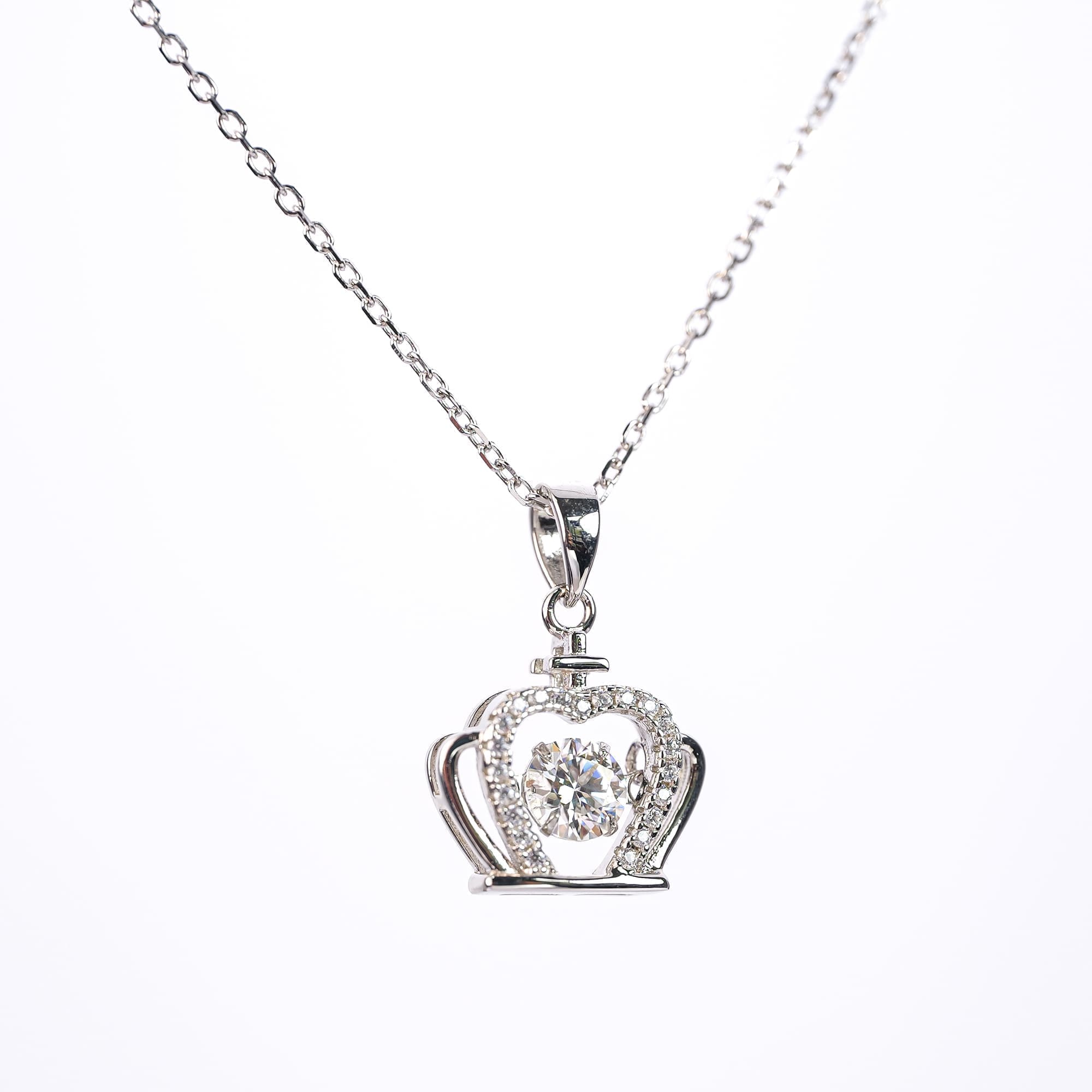 Crown Pendant Necklace with Floating Moissanite Stone in White Gold-Plated 925 Silver - Image 4