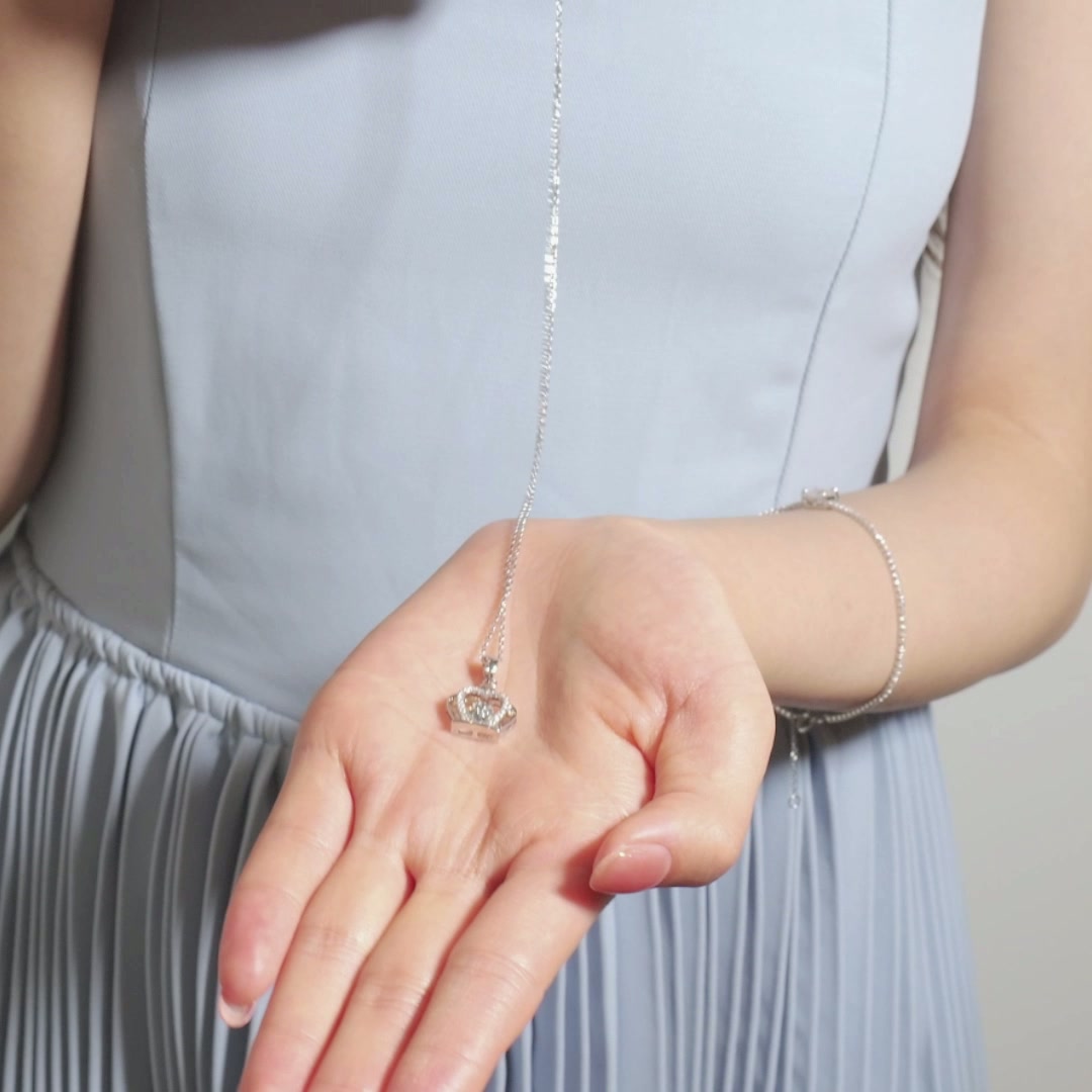 Crown Pendant Necklace with Floating Moissanite Stone in White Gold-Plated 925 Silver product video thumbnail