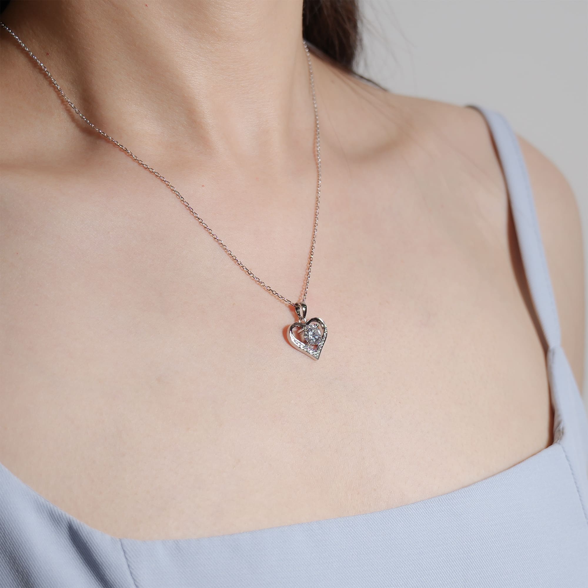 Ethical Moissanite Heart Pendant - 925 Silver and White Gold Plated Necklace with Minimalist Style Rolo Chain - Image 2