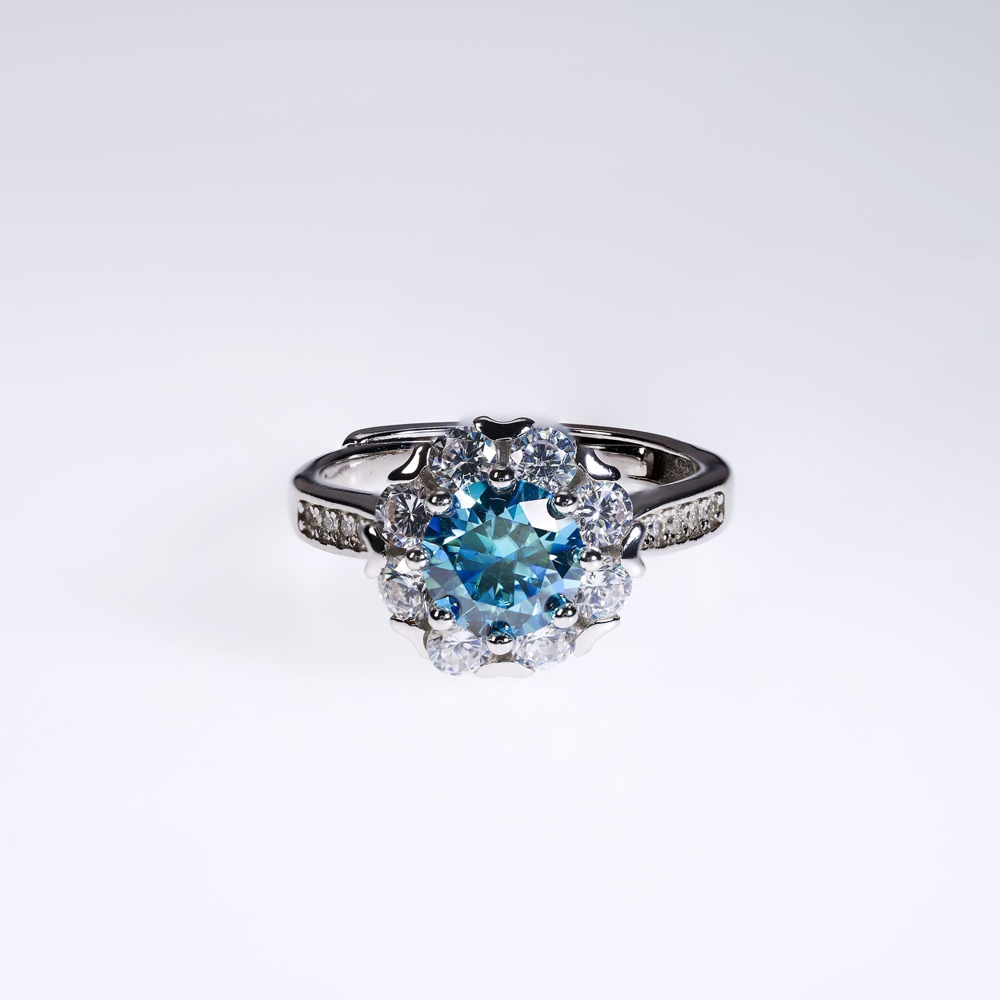 1CT Blue Moissanite Halo Ring - Ethically Sourced, Brilliant Cut, Adjustable Silver Anniversary Jewelry