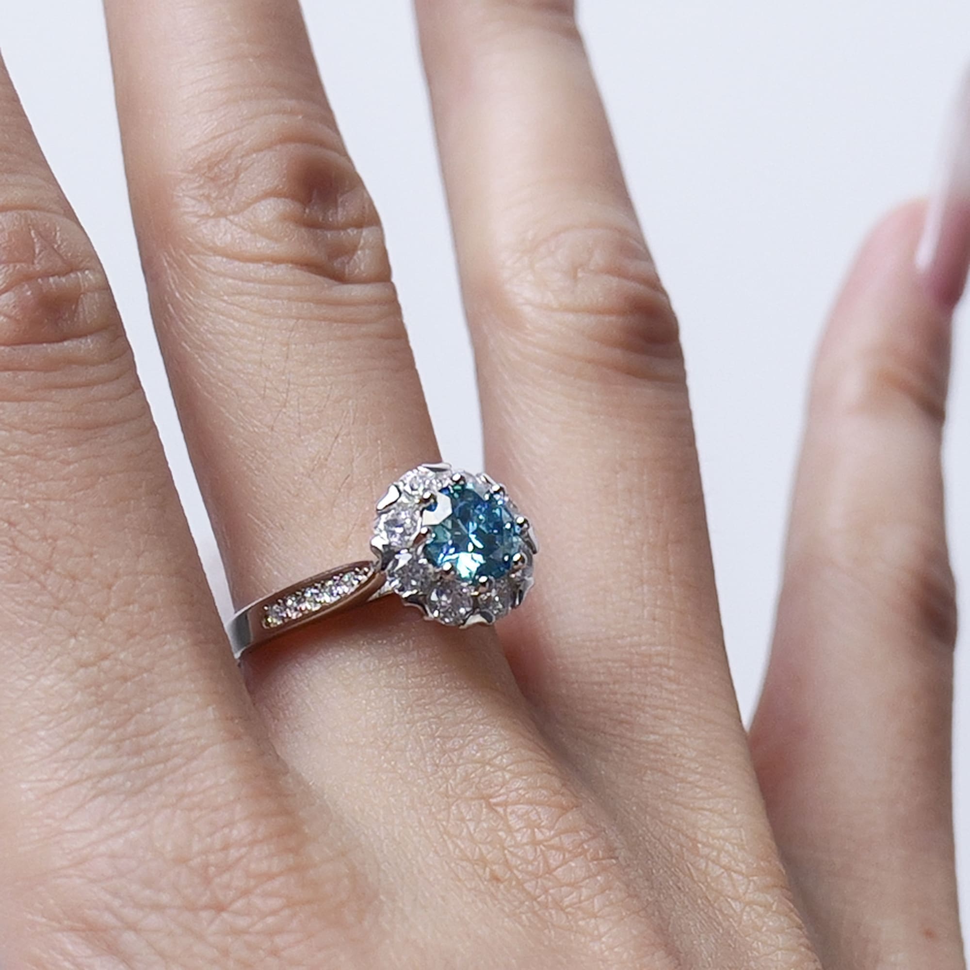 1CT Blue Moissanite Halo Ring - Ethically Sourced, Brilliant Cut, Adjustable Silver Anniversary Jewelry - Image 3