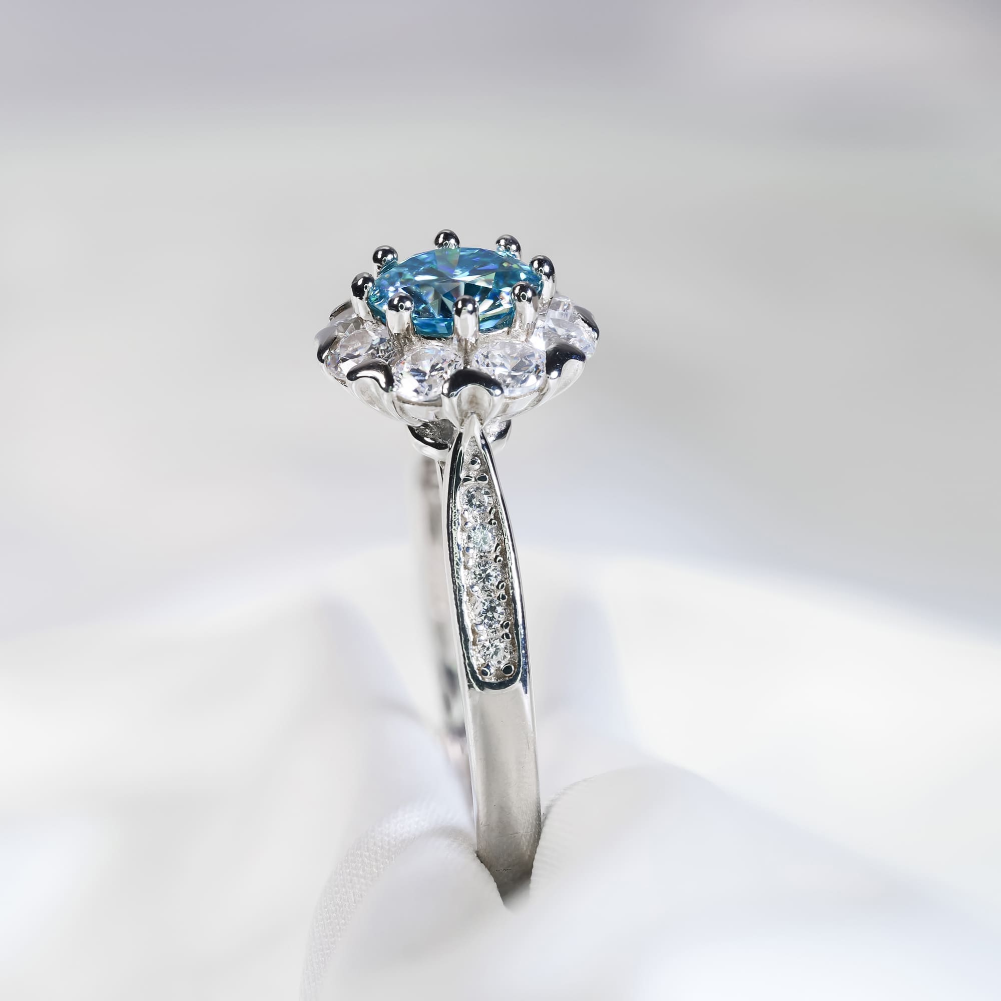 1CT Blue Moissanite Halo Ring - Ethically Sourced, Brilliant Cut, Adjustable Silver Anniversary Jewelry - Image 4