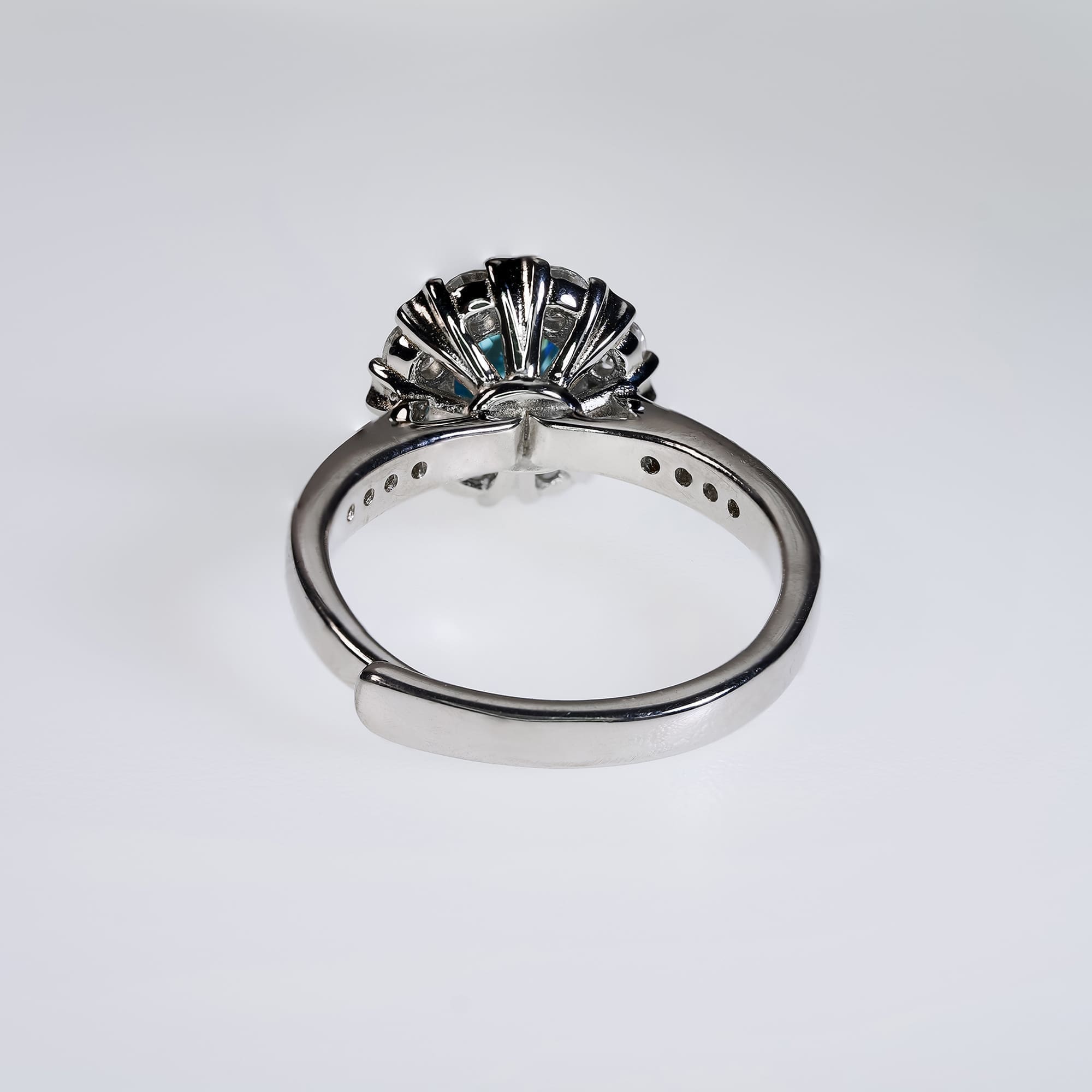 1CT Blue Moissanite Halo Ring - Ethically Sourced, Brilliant Cut, Adjustable Silver Anniversary Jewelry - Image 5
