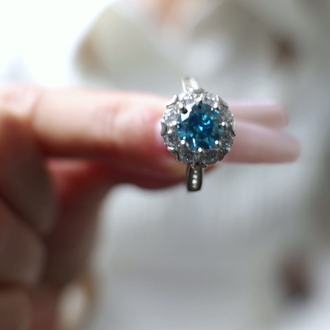 1CT Blue Moissanite Halo Ring - Ethically Sourced, Brilliant Cut, Adjustable Silver Anniversary Jewelry product video thumbnail