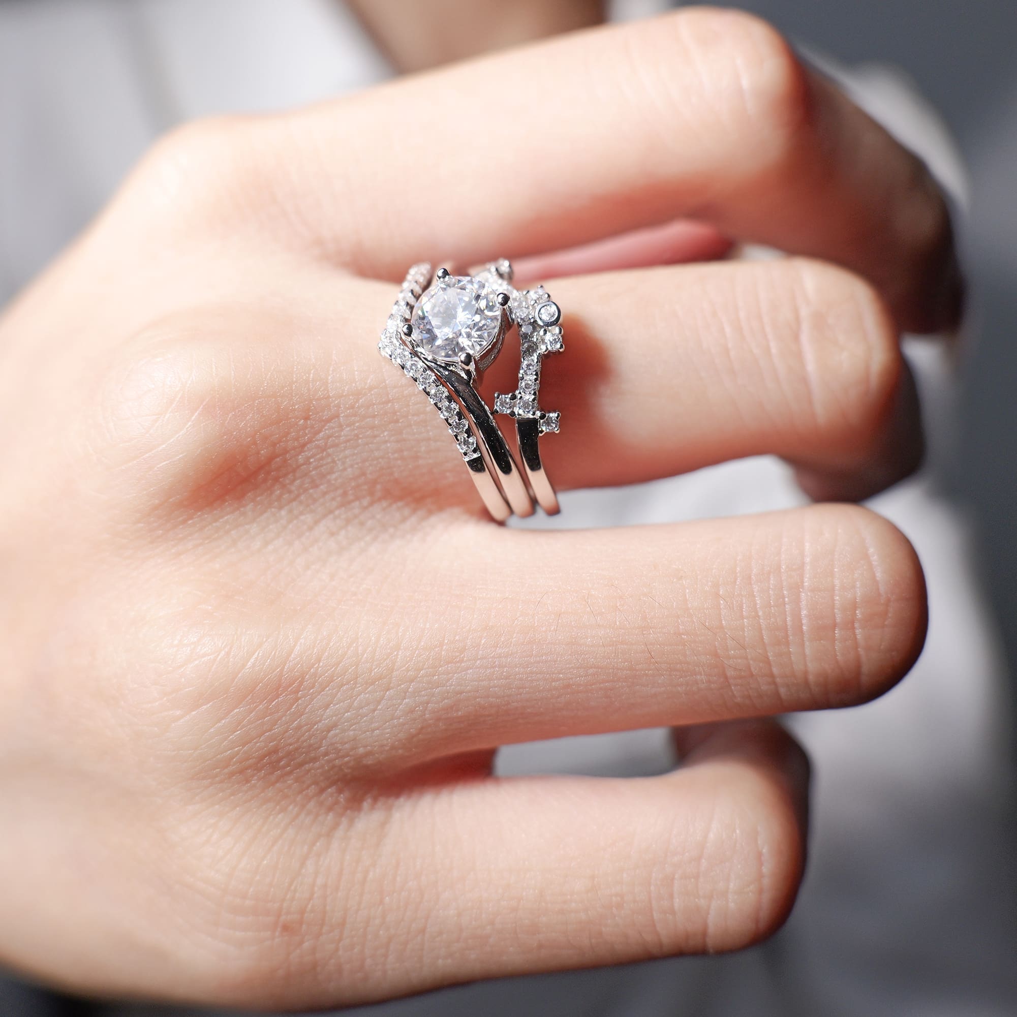 Elegant Sterling Silver Moissanite Crown Stackable Engagement Ring - Image 4