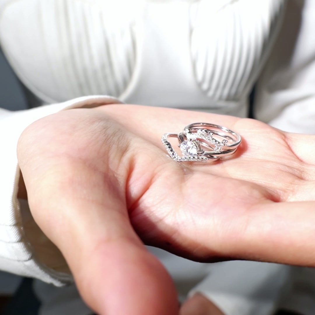 Elegant Sterling Silver Moissanite Crown Stackable Engagement Ring product video thumbnail